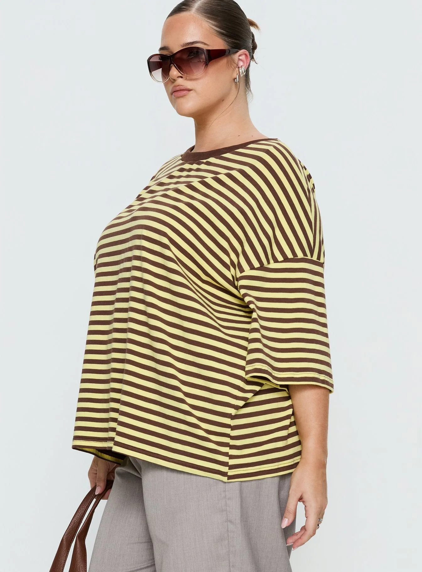 Settle Down Short Sleeve Top Yellow / Brown Stripe Curve - Image 4