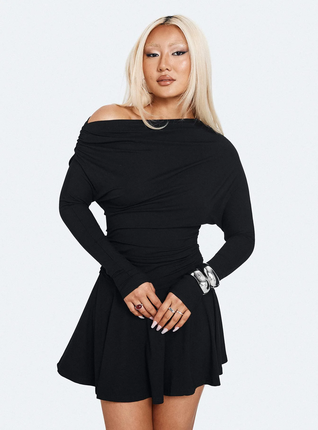 Keilana One Shoulder Long Sleeve Mini Dress Black - Image 8