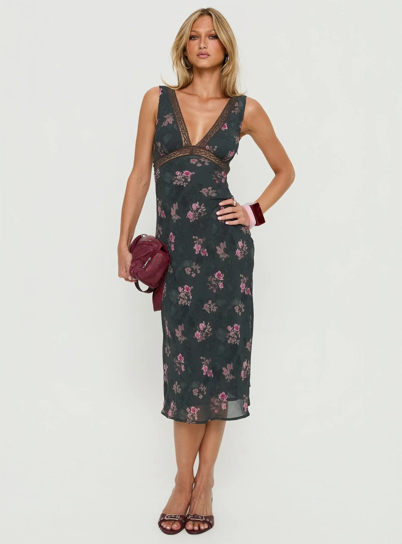 Kenadi Lace Bias Midi Dress Black Floral - Image 2