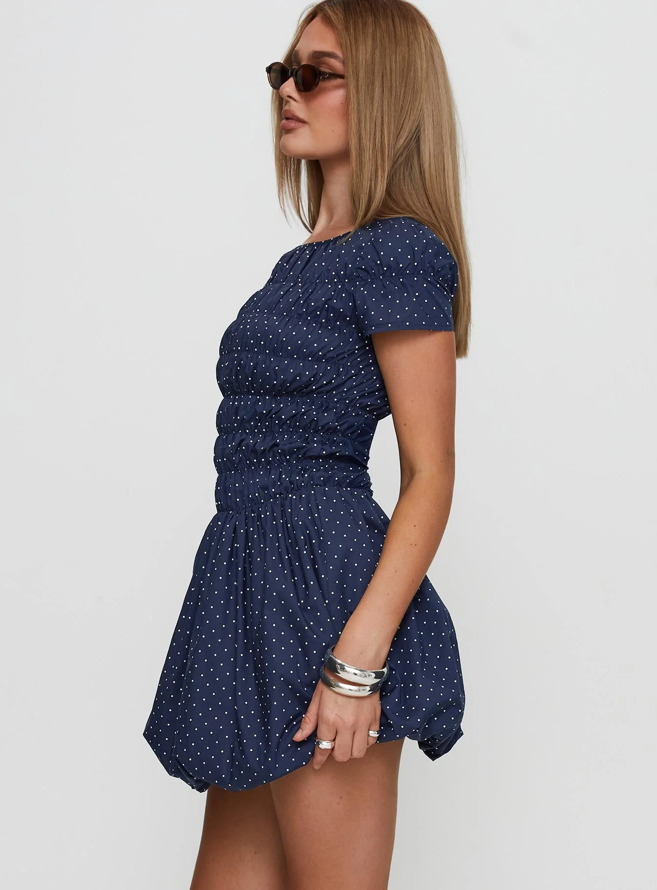 Kennedia Shirred Bubble Hem Mini Dress Navy - Image 4