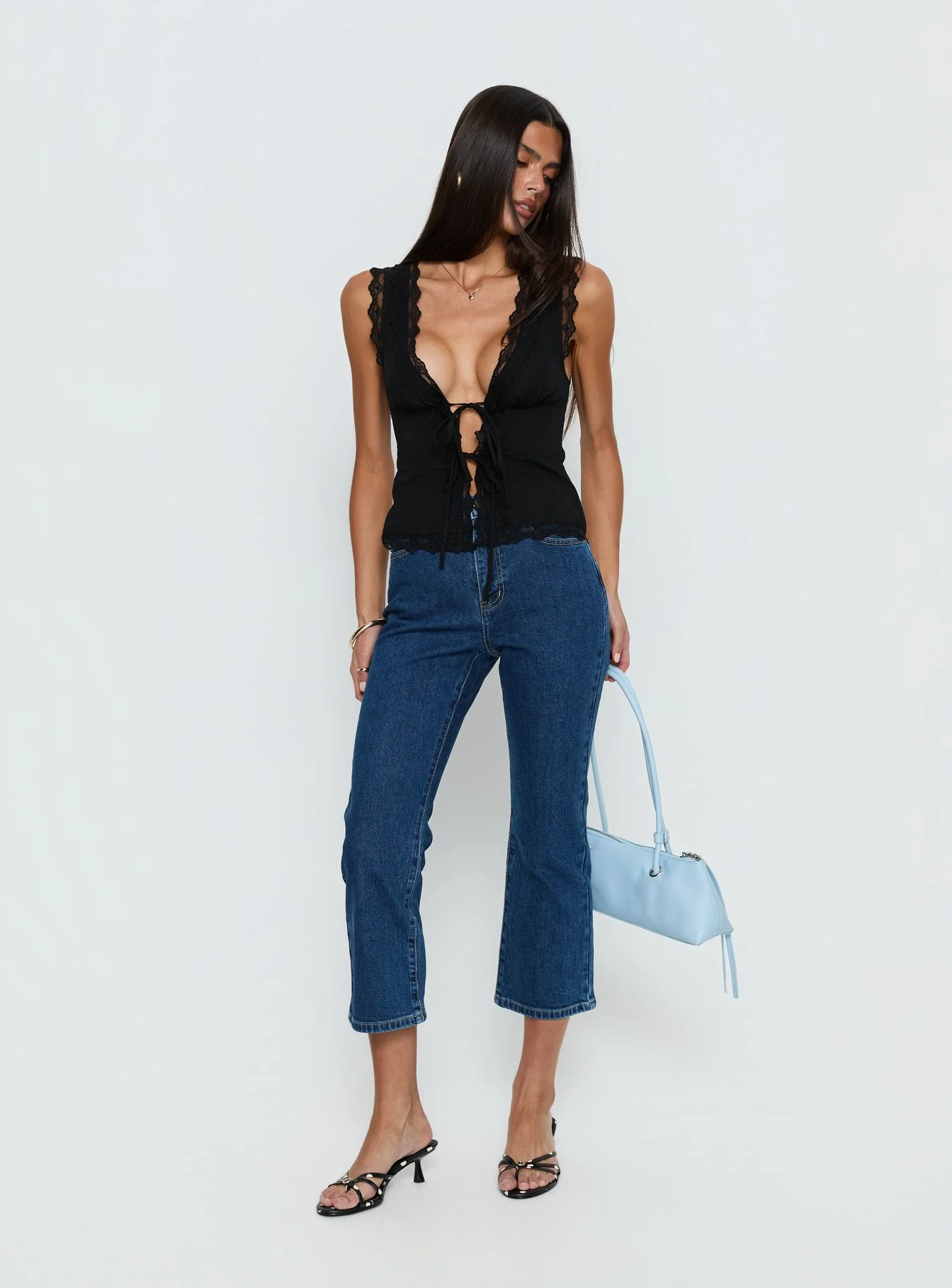 Kerena Lace Trim Tie Front Blouse Top Black - Image 2