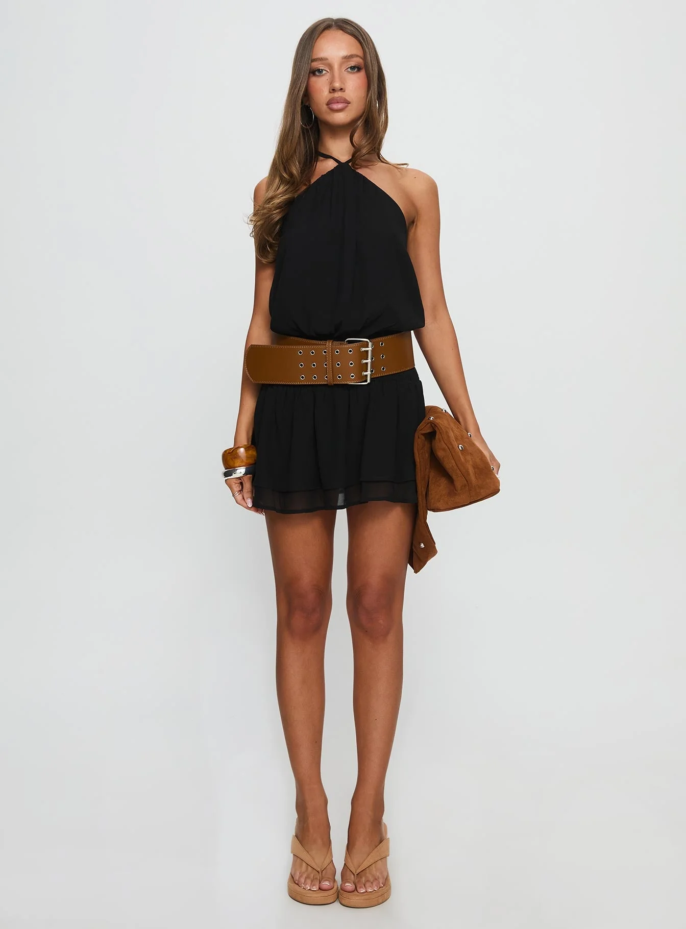 Khamira Halter Shirred Mini Dress Black - Image 6