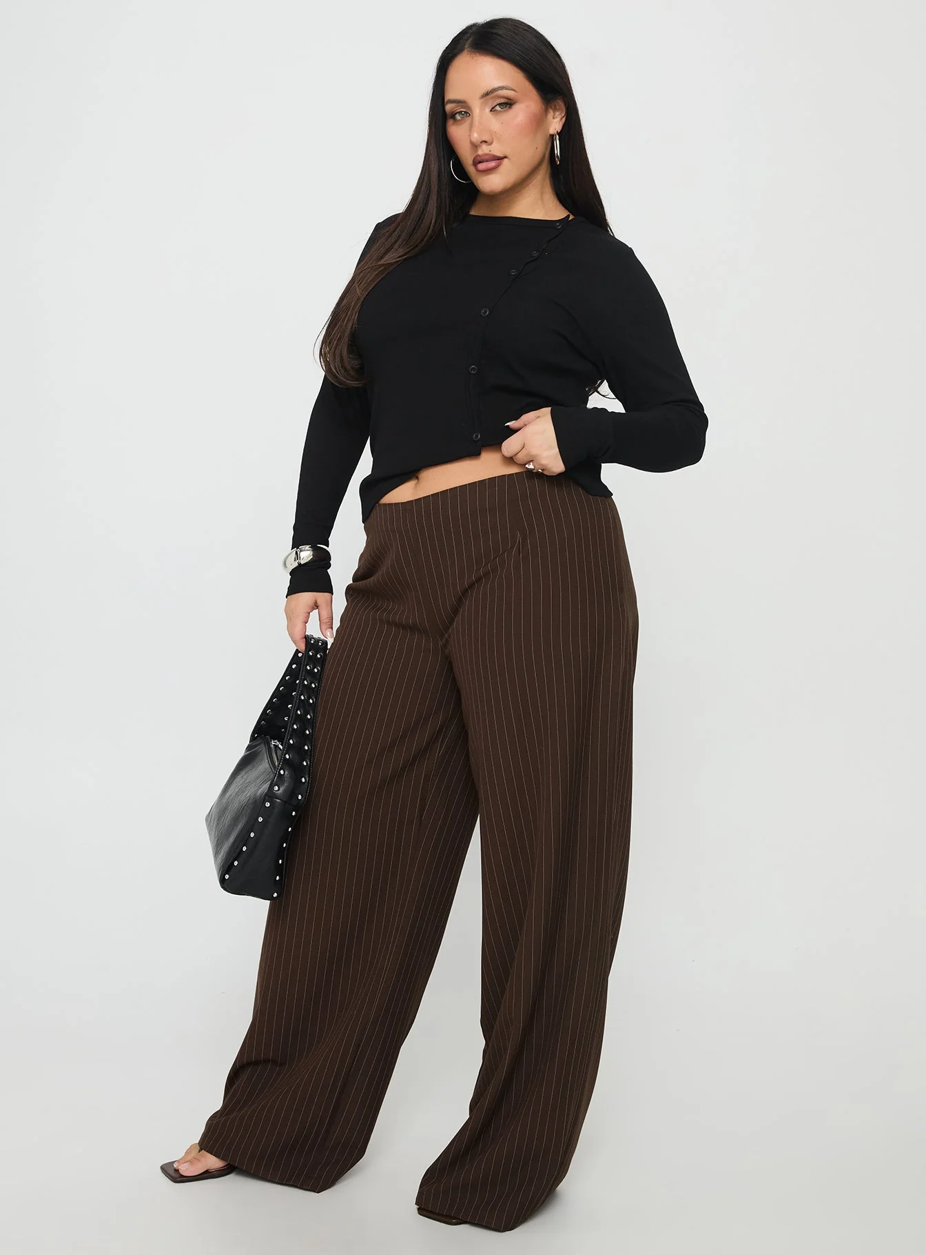 Khane Low Rise Wide Leg Pant Brown Pinstripe Curve - Image 4