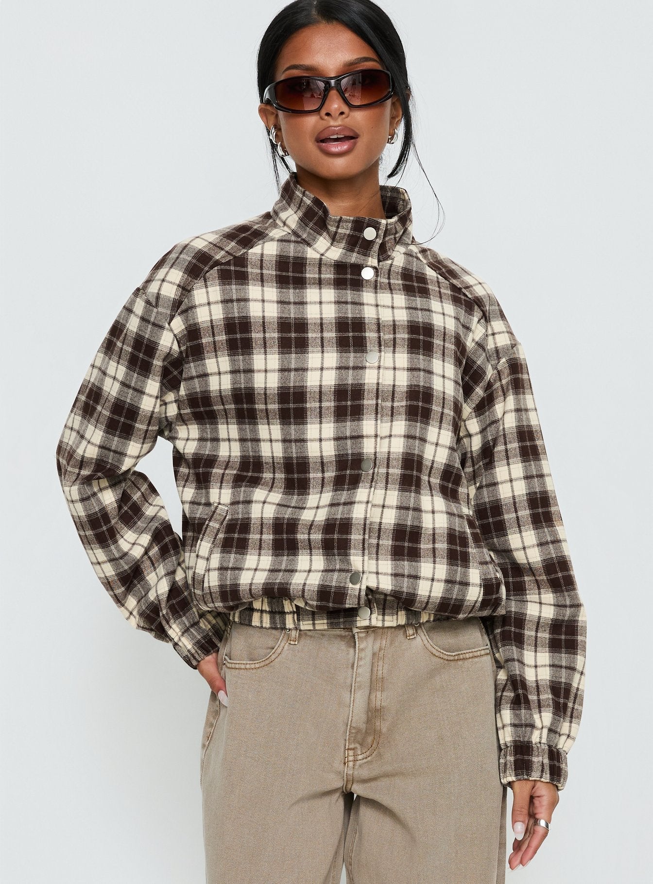 Khodana Funnel Neck Button Down Jacket Brown Check - Image 2