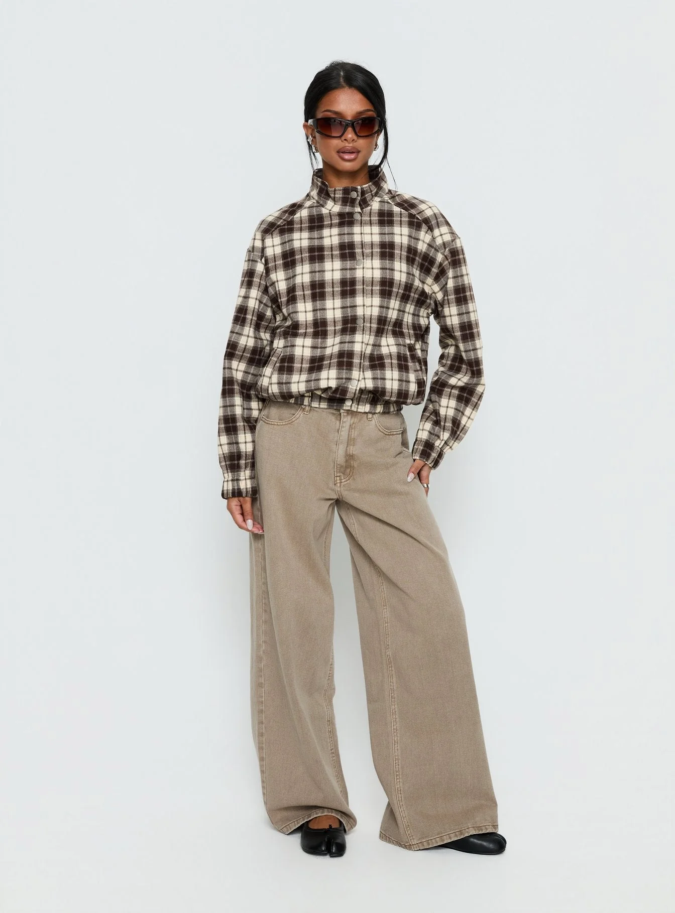 Khodana Funnel Neck Button Down Jacket Brown Check - Image 3