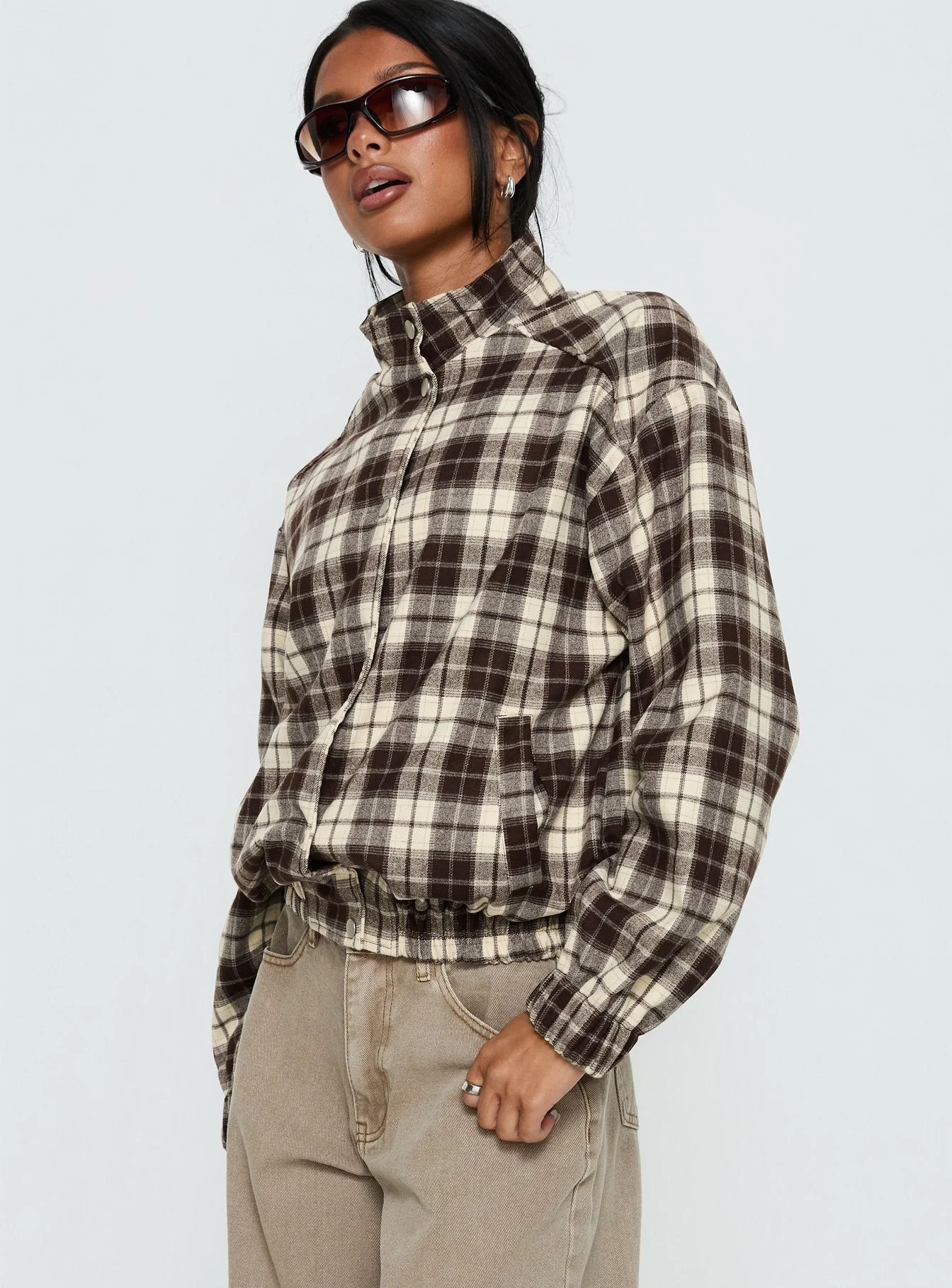 Khodana Funnel Neck Button Down Jacket Brown Check - Image 4