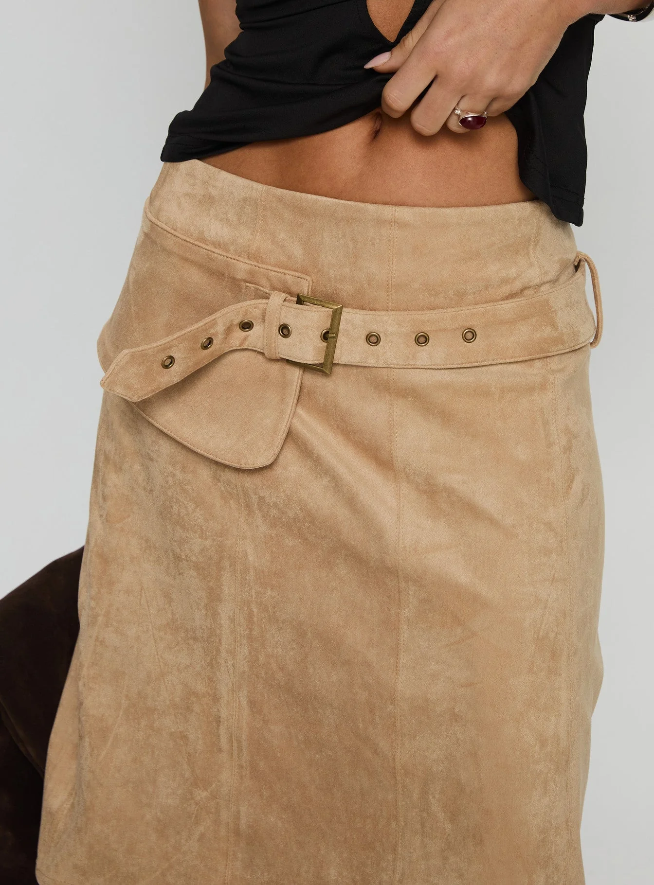 Kitzu Faux Suede Cargo Midi Skirt Light Tan - Image 6