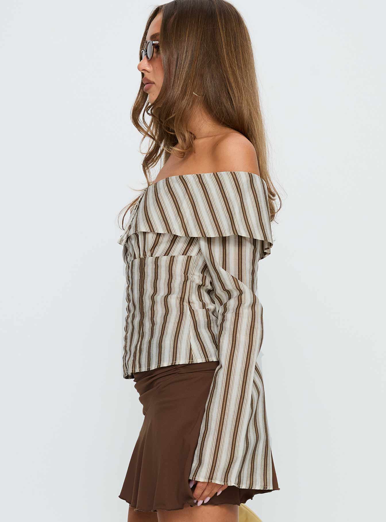 Knockout Off Shoulder Top Brown Stripe - Image 3
