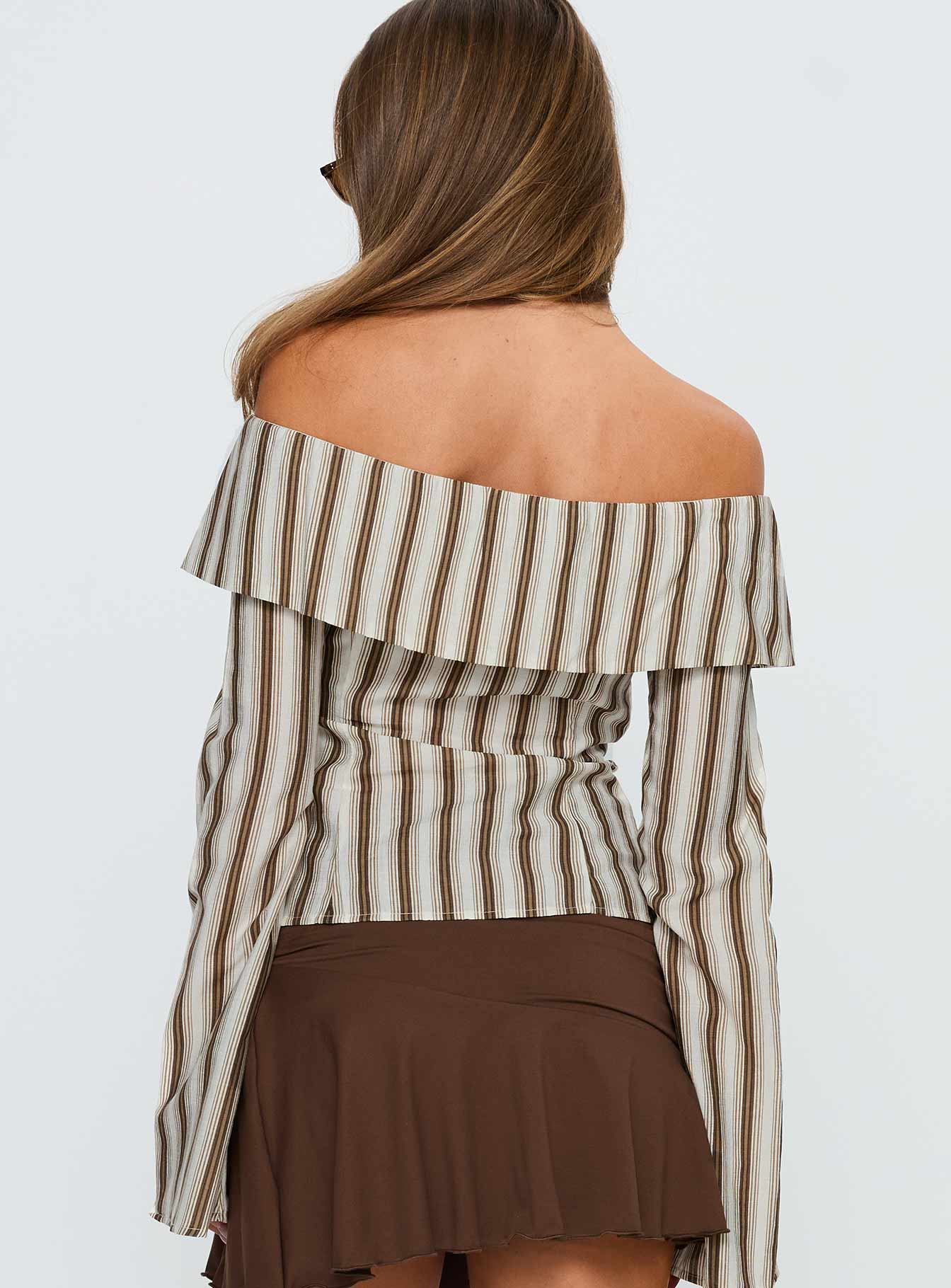 Knockout Off Shoulder Top Brown Stripe - Image 4