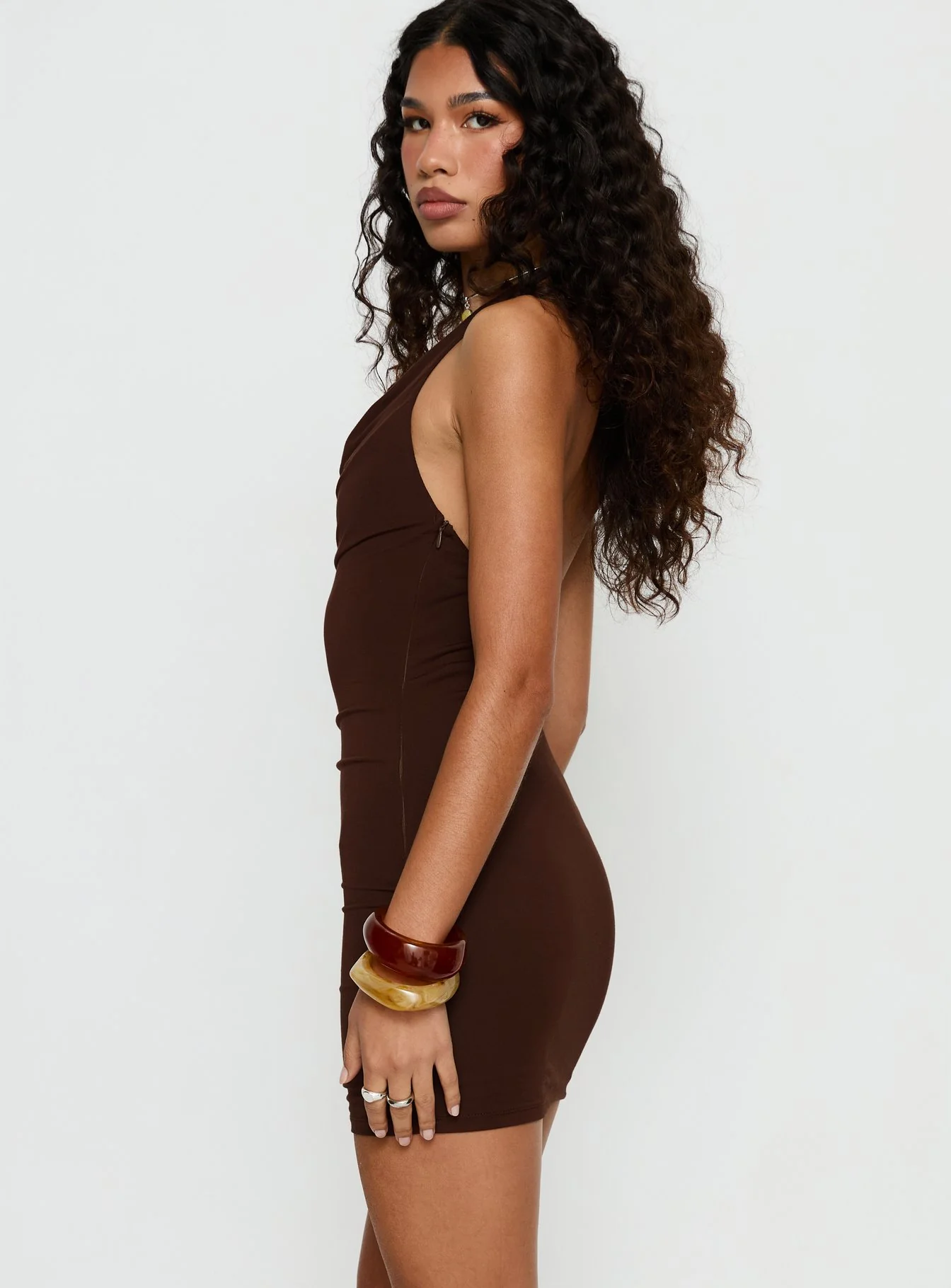 Korella Beaded Halter Mini Dress Chocolate Brown - Image 3