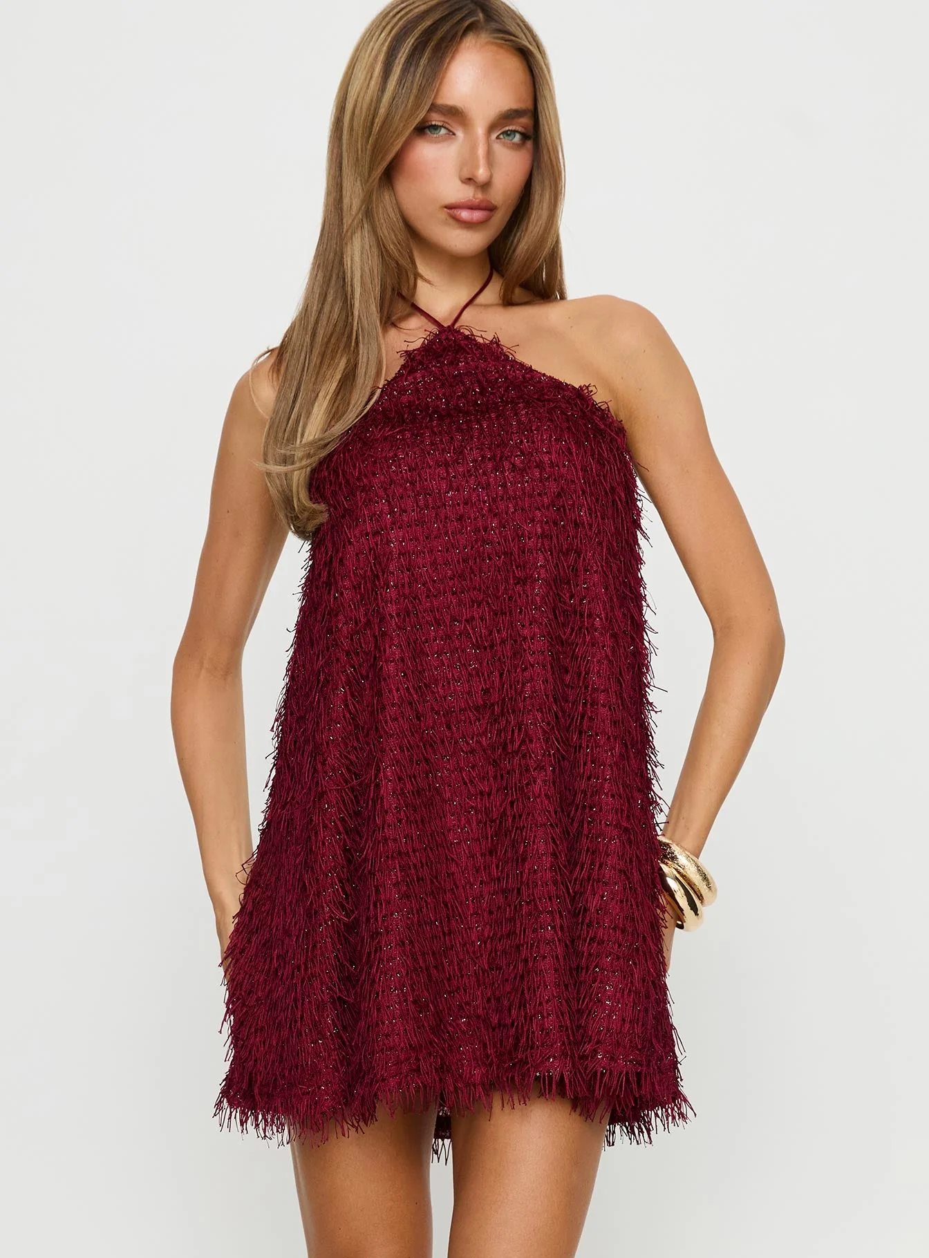 Koressa Halter Fringe Mini Dress Burgundy - Image 2