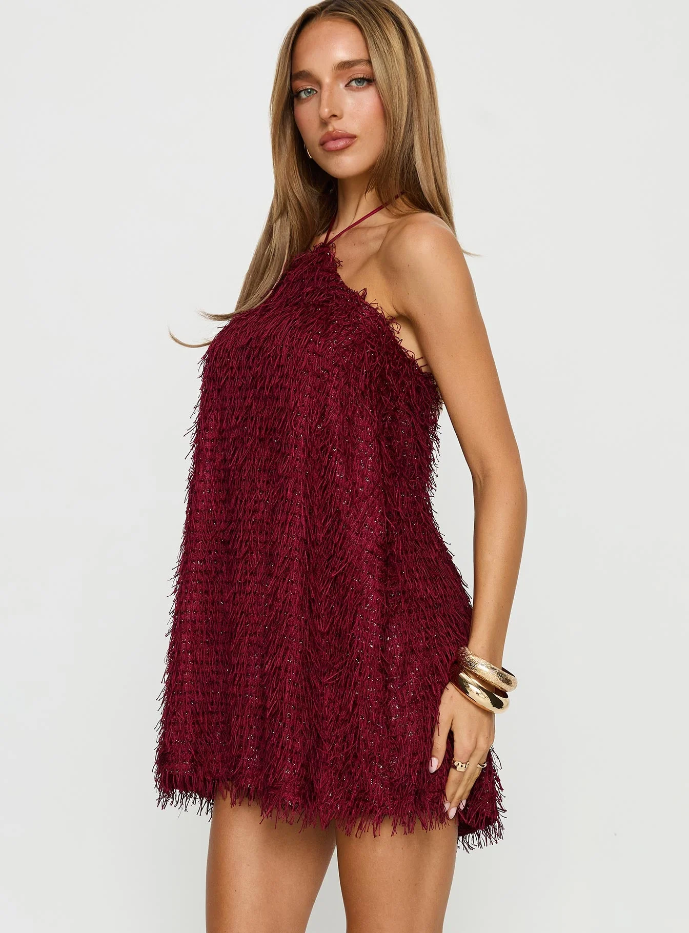 Koressa Halter Fringe Mini Dress Burgundy - Image 4