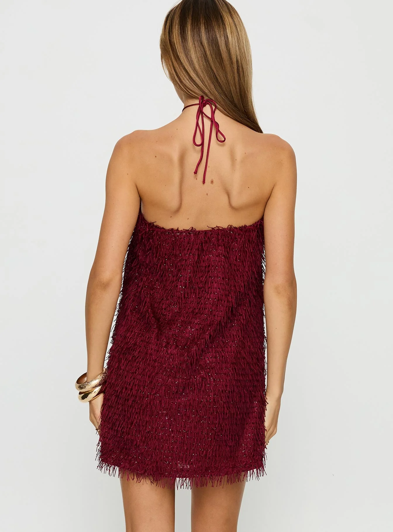 Koressa Halter Fringe Mini Dress Burgundy - Image 5