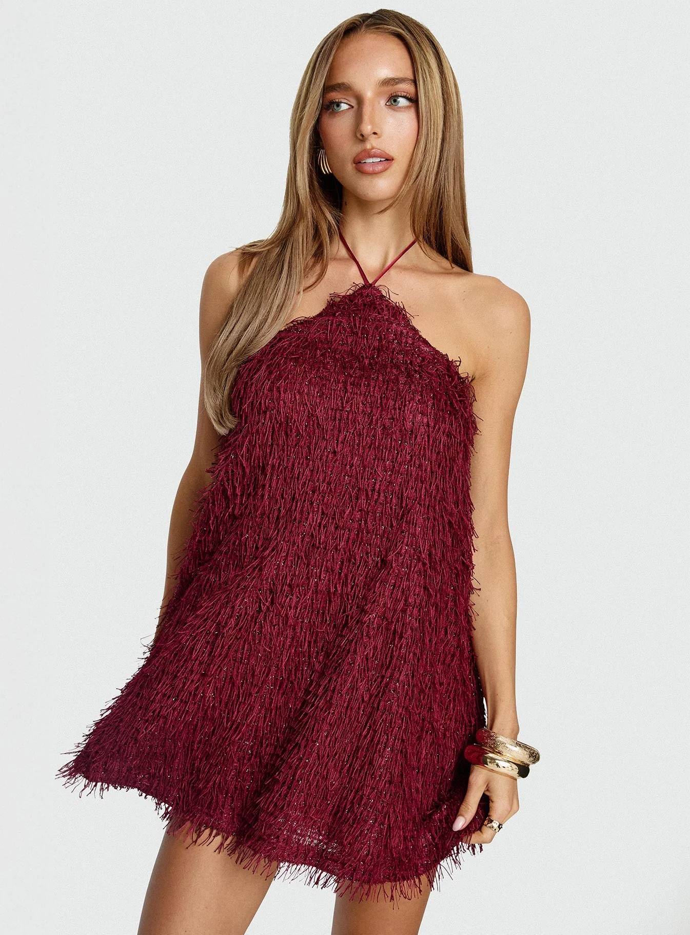 Koressa Halter Fringe Mini Dress Burgundy - Image 8