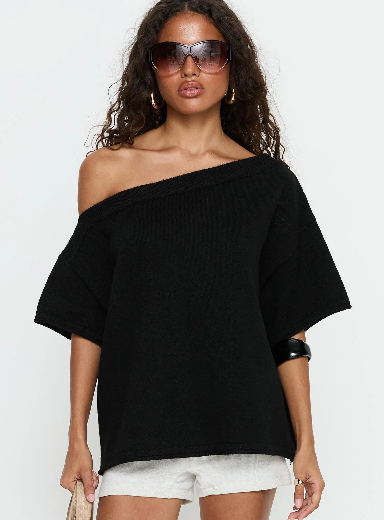 Kourta Off Shoulder Oversized Knit Top Black - Image 2