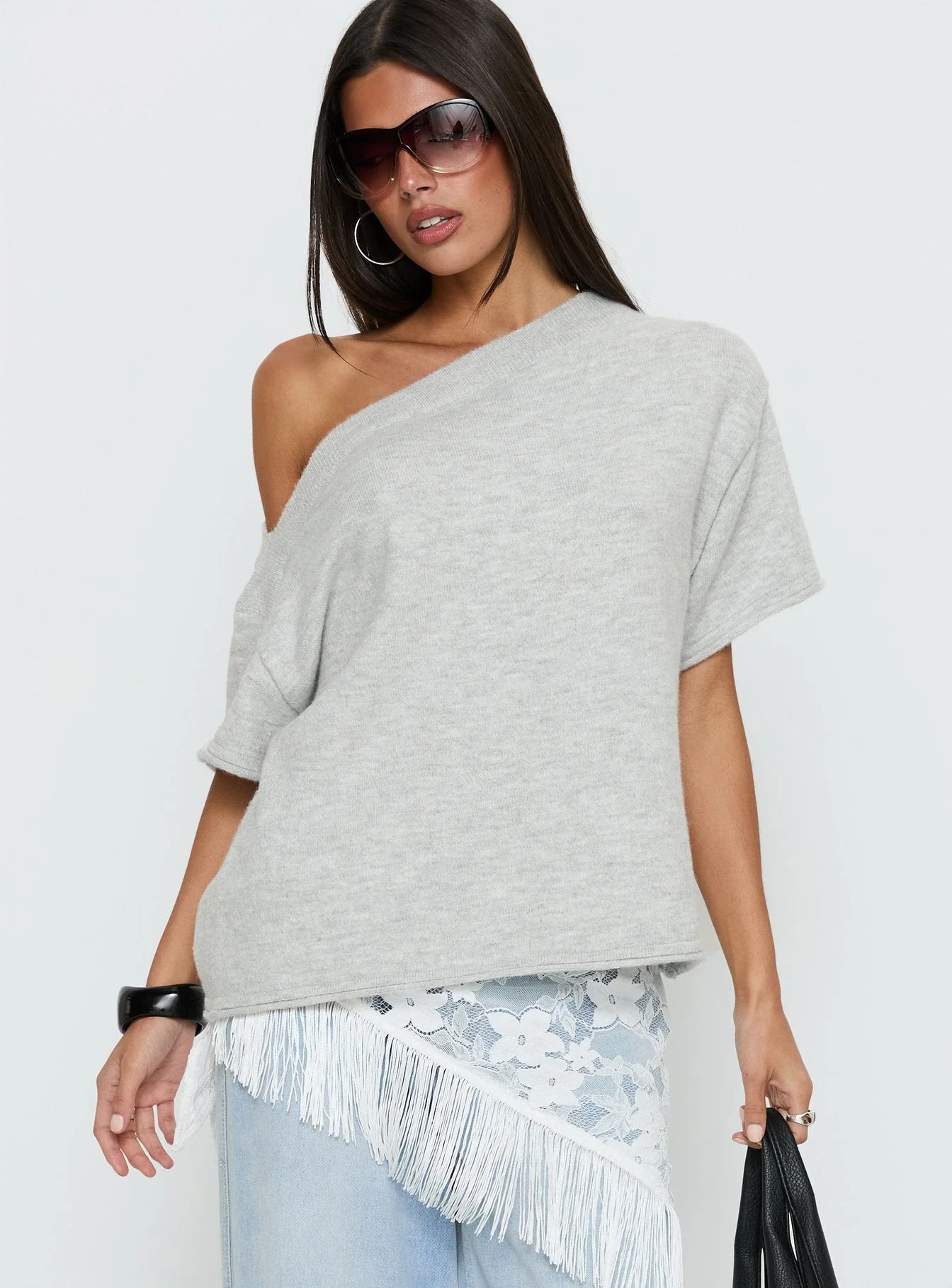 Kourta Off Shoulder Oversized Knit Top Grey Marle - Image 2