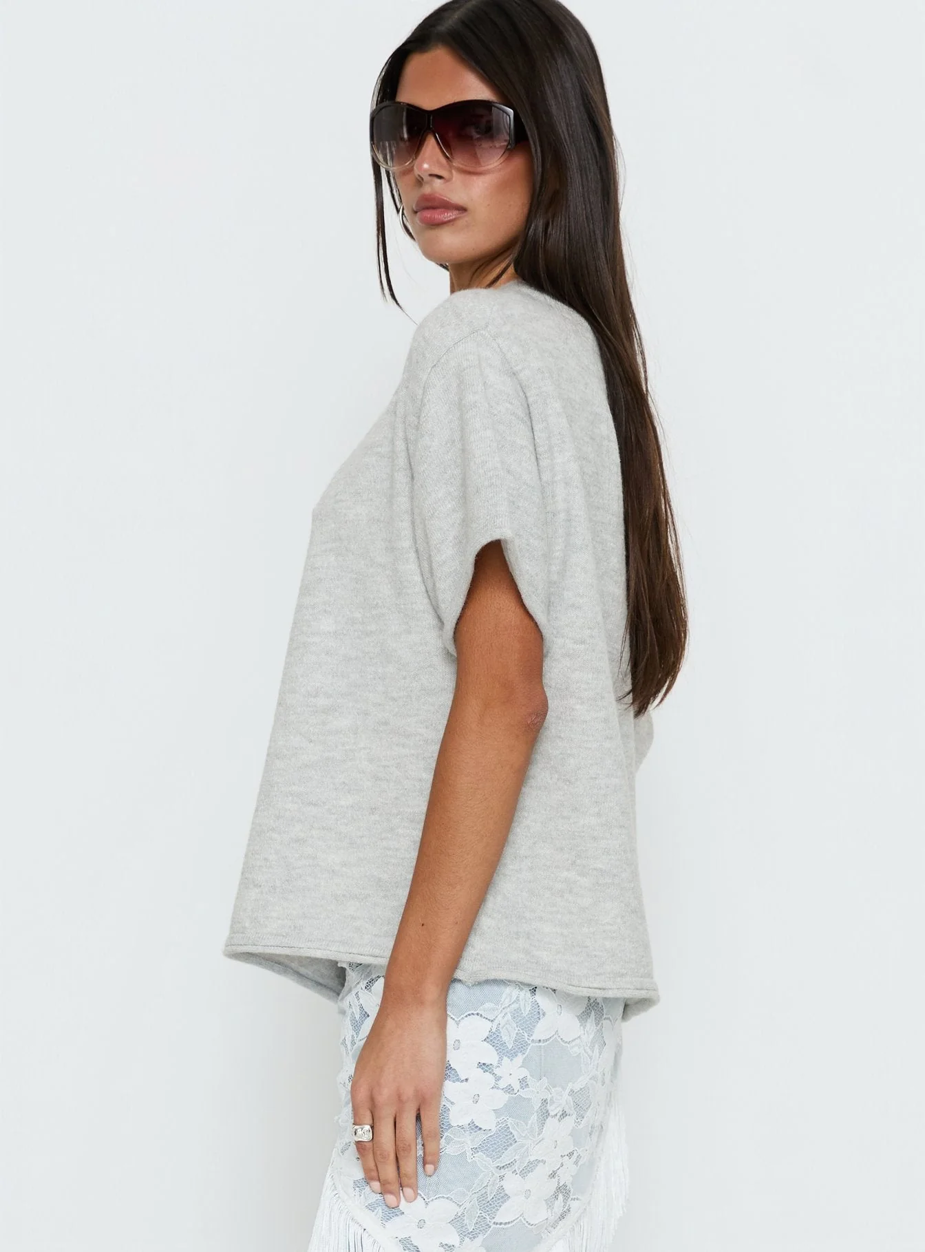 Kourta Off Shoulder Oversized Knit Top Grey Marle - Image 4