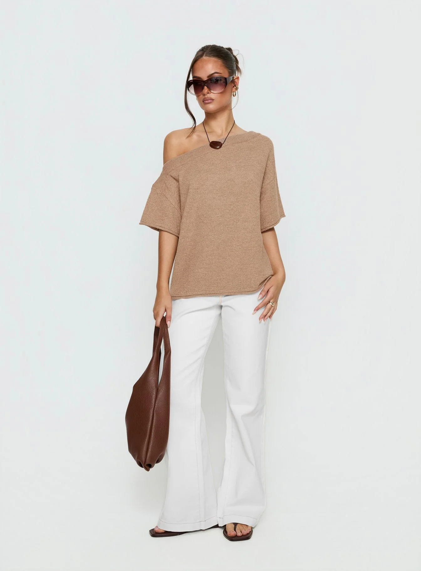 Kourta Off Shoulder Oversized Knit Top Mocha - Image 2