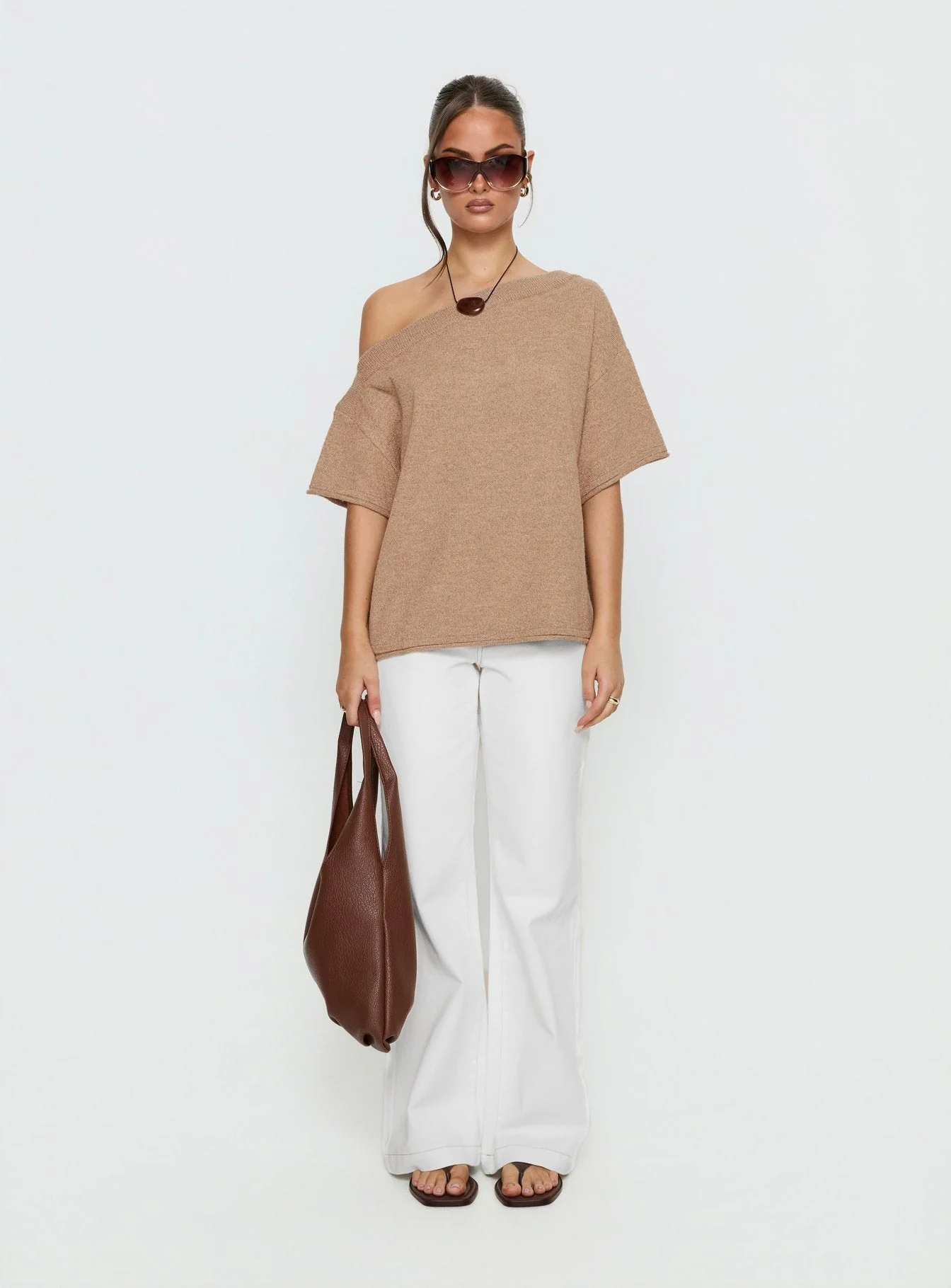 Kourta Off Shoulder Oversized Knit Top Mocha - Image 6