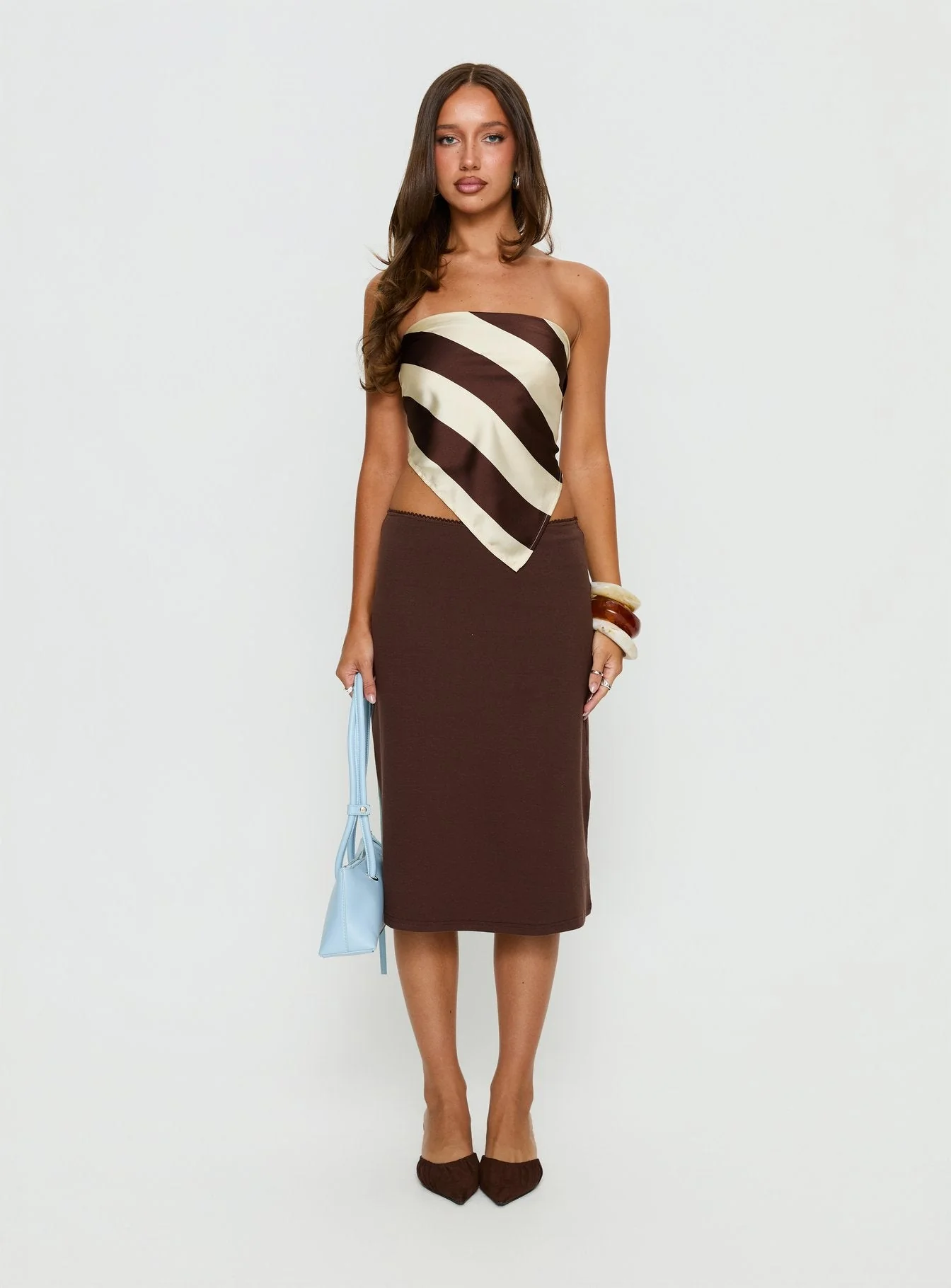 Lailana Tie Back Strapless Scarf Top Brown Stripe - Image 7