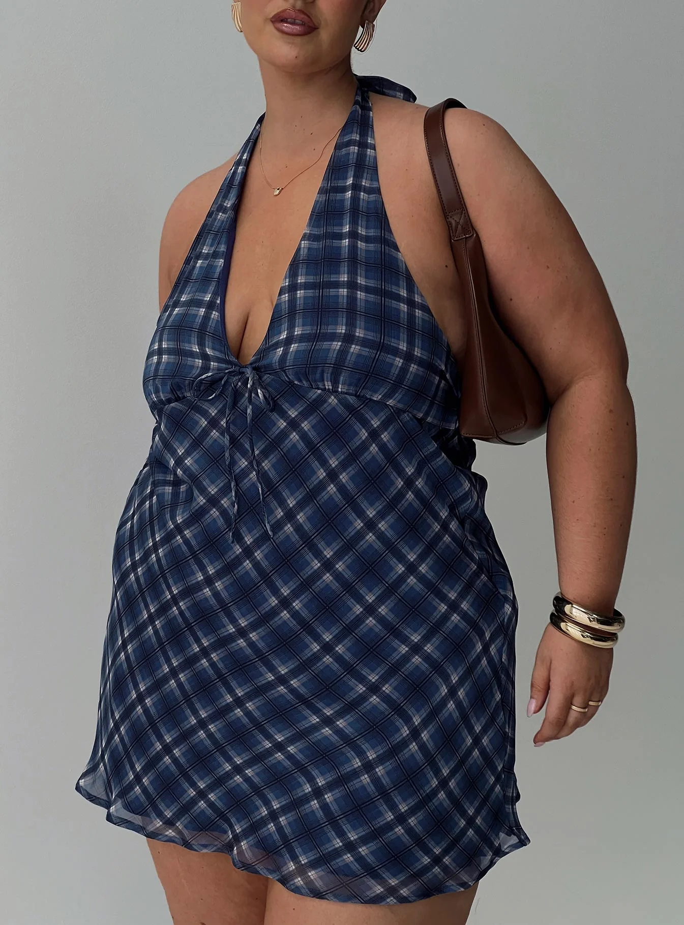 Laraline Halter Mini Dress Navy Check Curve