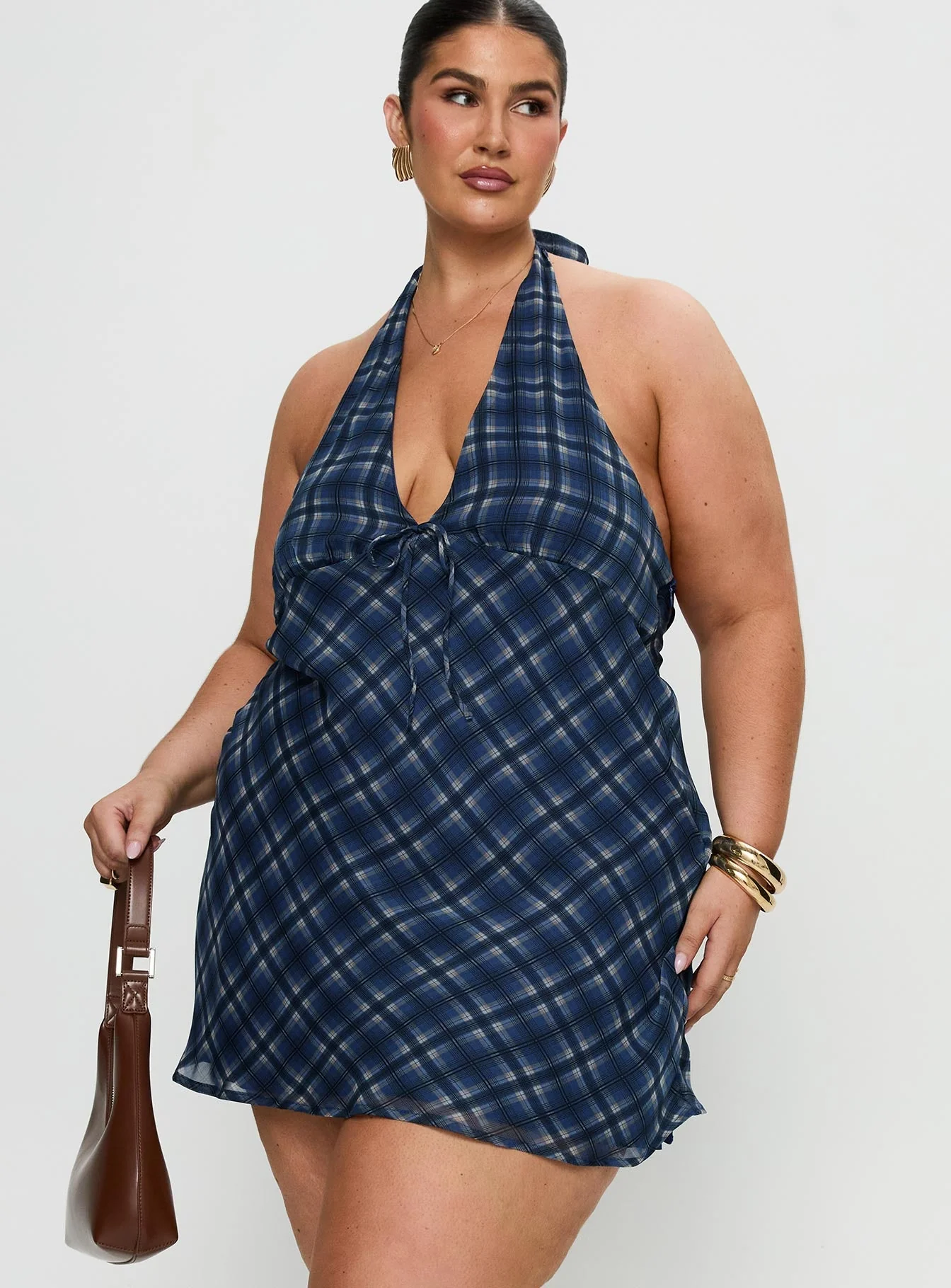 Laraline Halter Mini Dress Navy Check Curve - Image 2