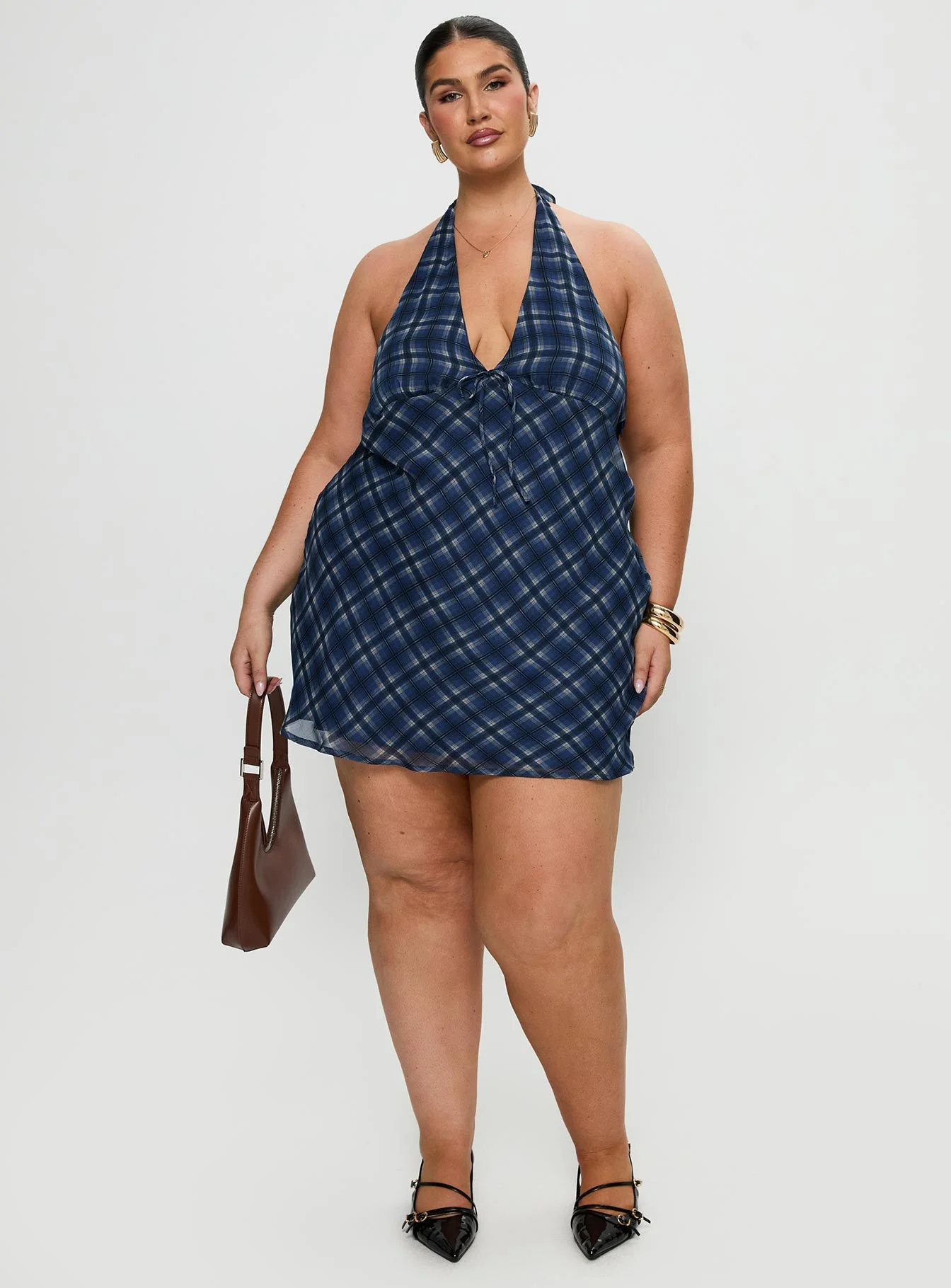 Laraline Halter Mini Dress Navy Check Curve - Image 3