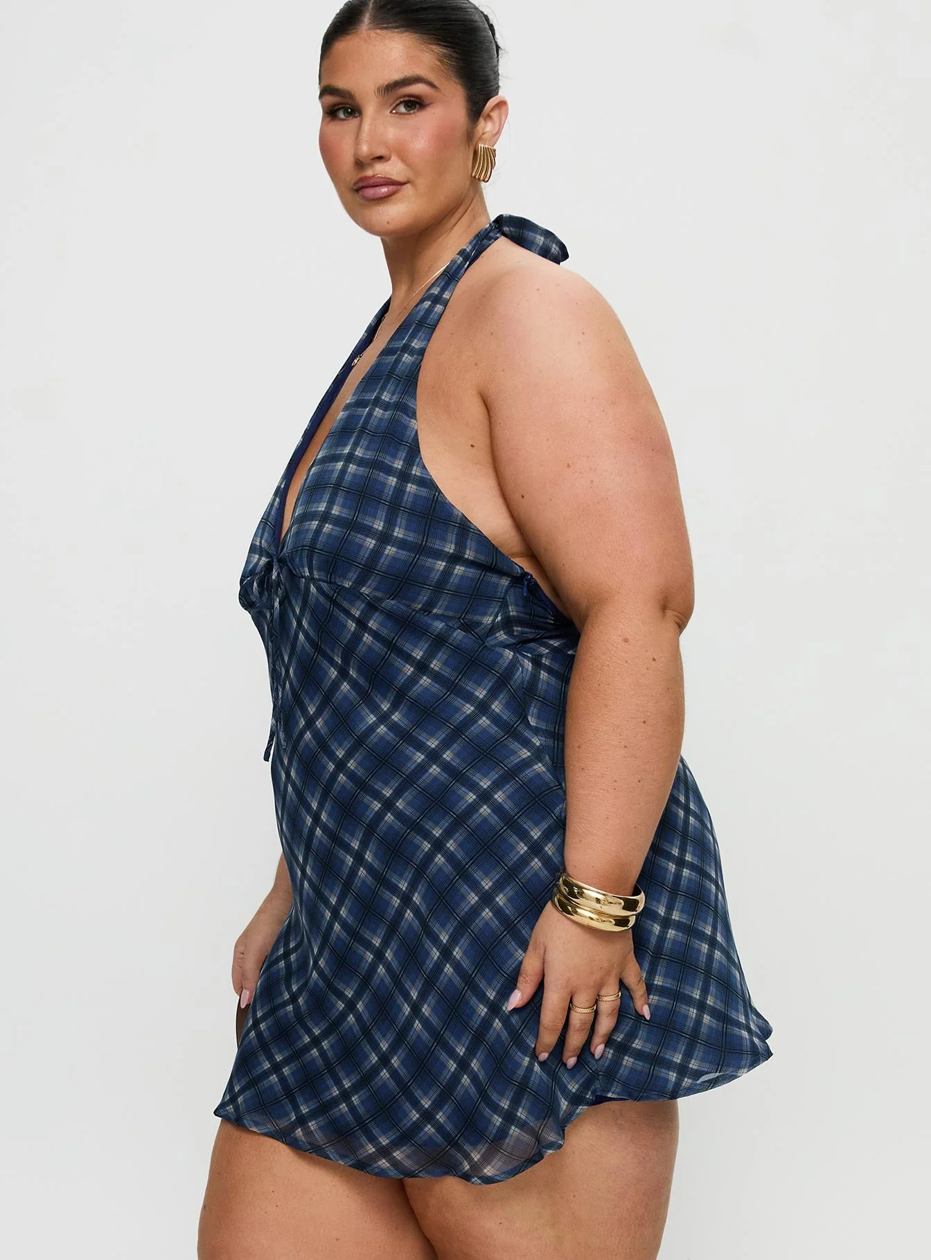 Laraline Halter Mini Dress Navy Check Curve - Image 4