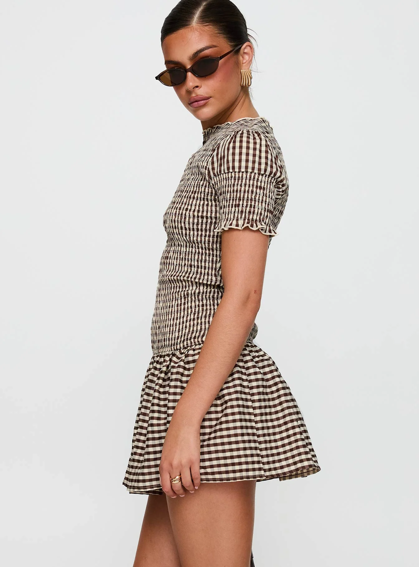Laurita Shirred Mini Dress Brown Check - Image 4