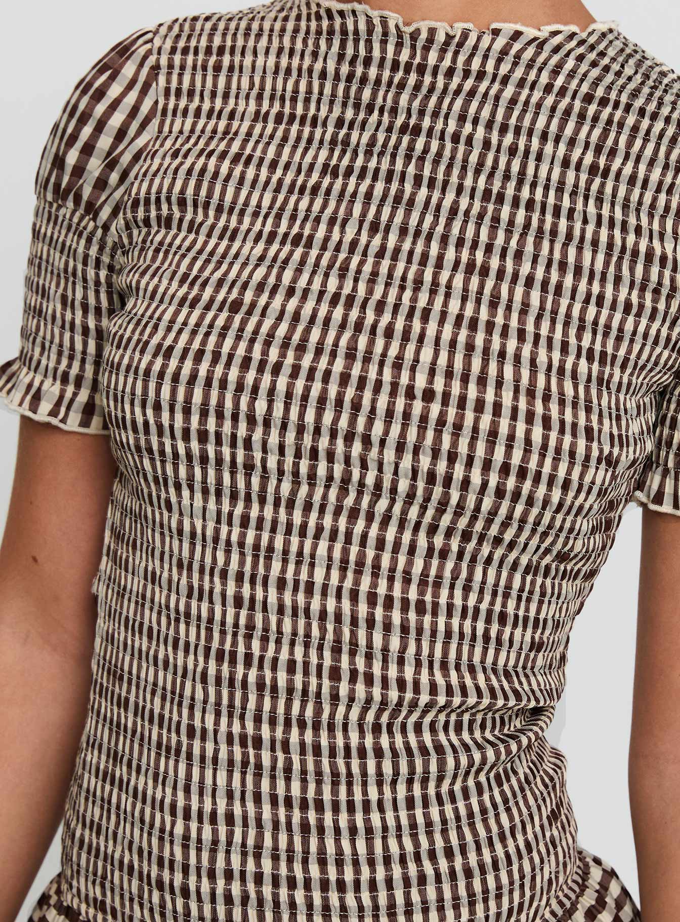 Laurita Shirred Mini Dress Brown Check - Image 6