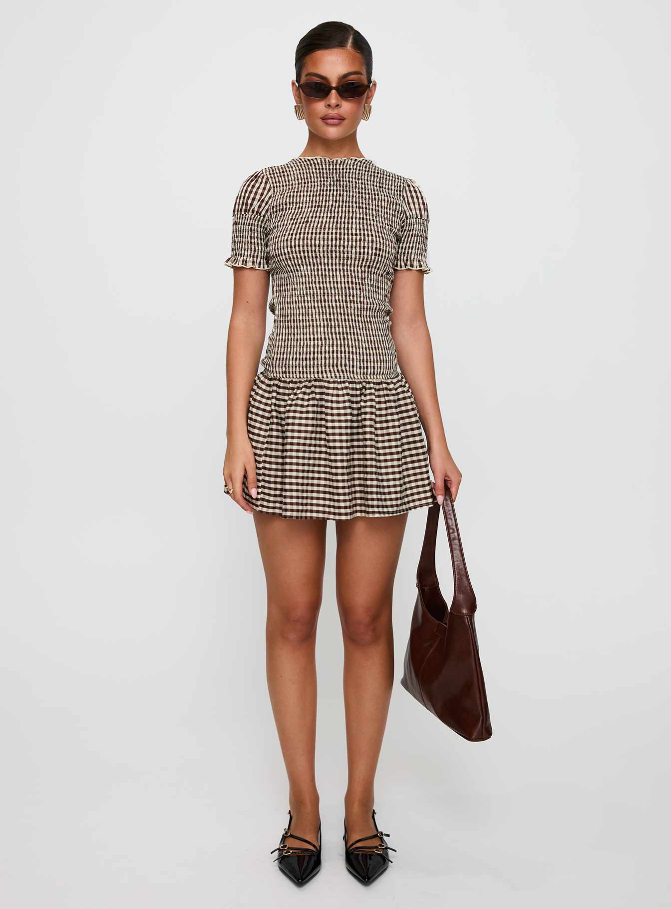 Laurita Shirred Mini Dress Brown Check - Image 7