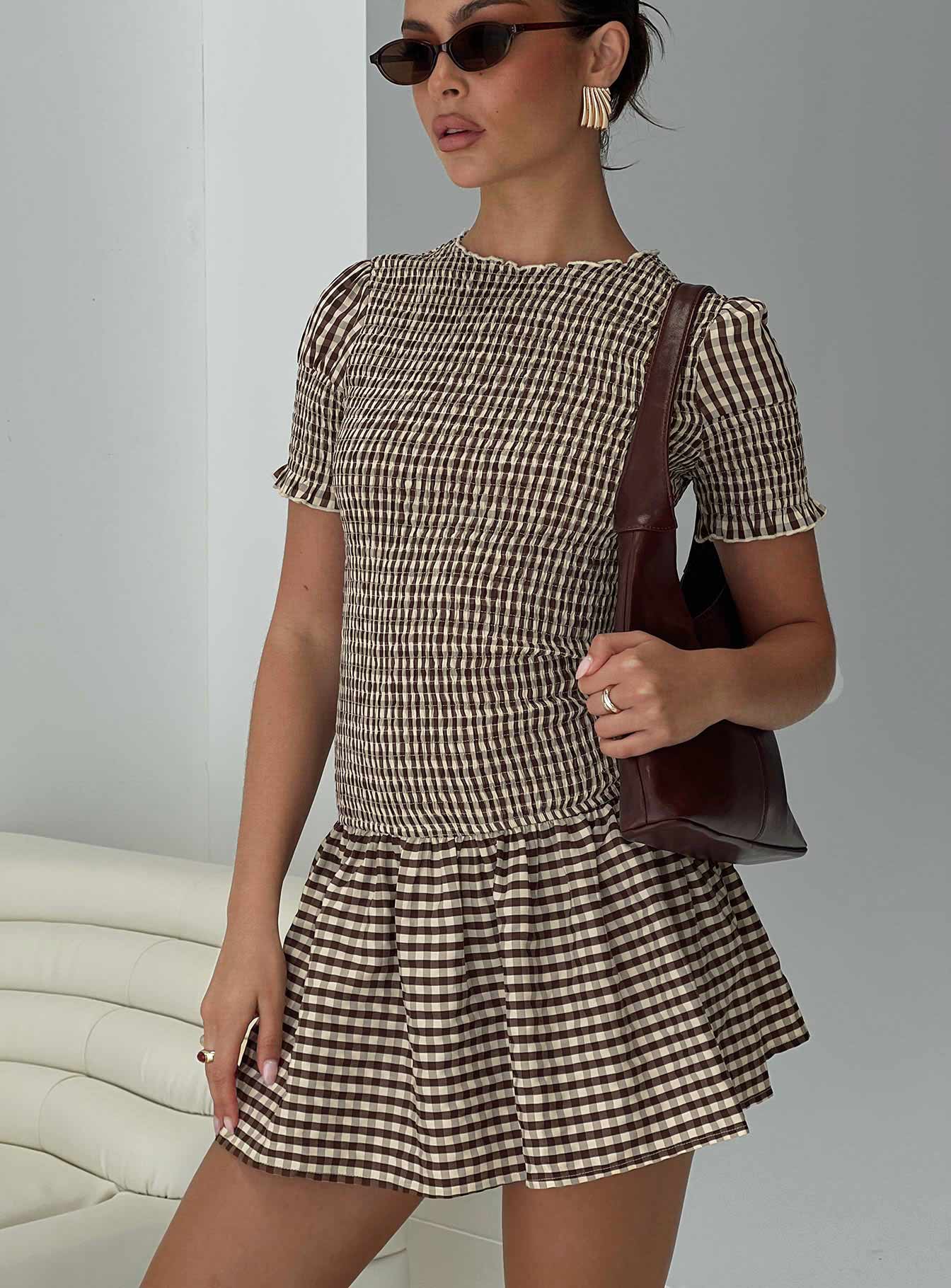 Laurita Shirred Mini Dress Brown Check - Image 8