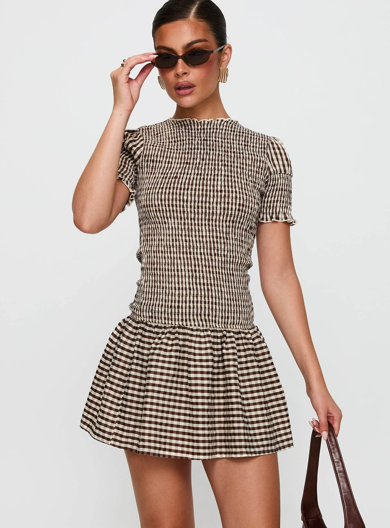 Laurita Shirred Mini Dress Brown Check Tall - Image 2