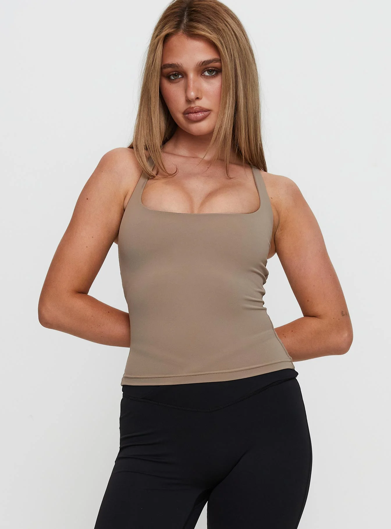 Layup Active Longline Cross Back Top Taupe - Image 2