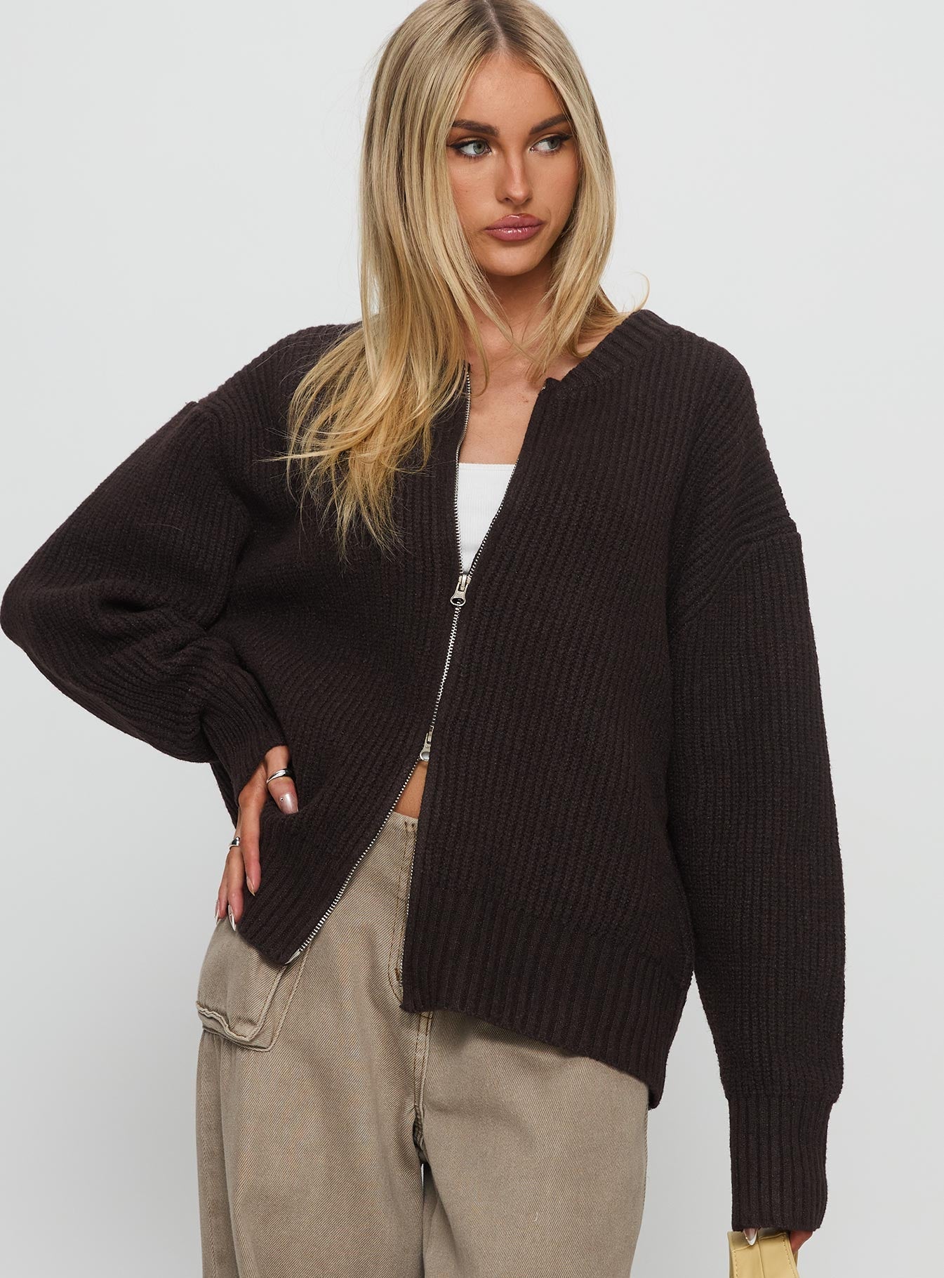 Lexene Zip Through Jumper Chocolate - Image 2
