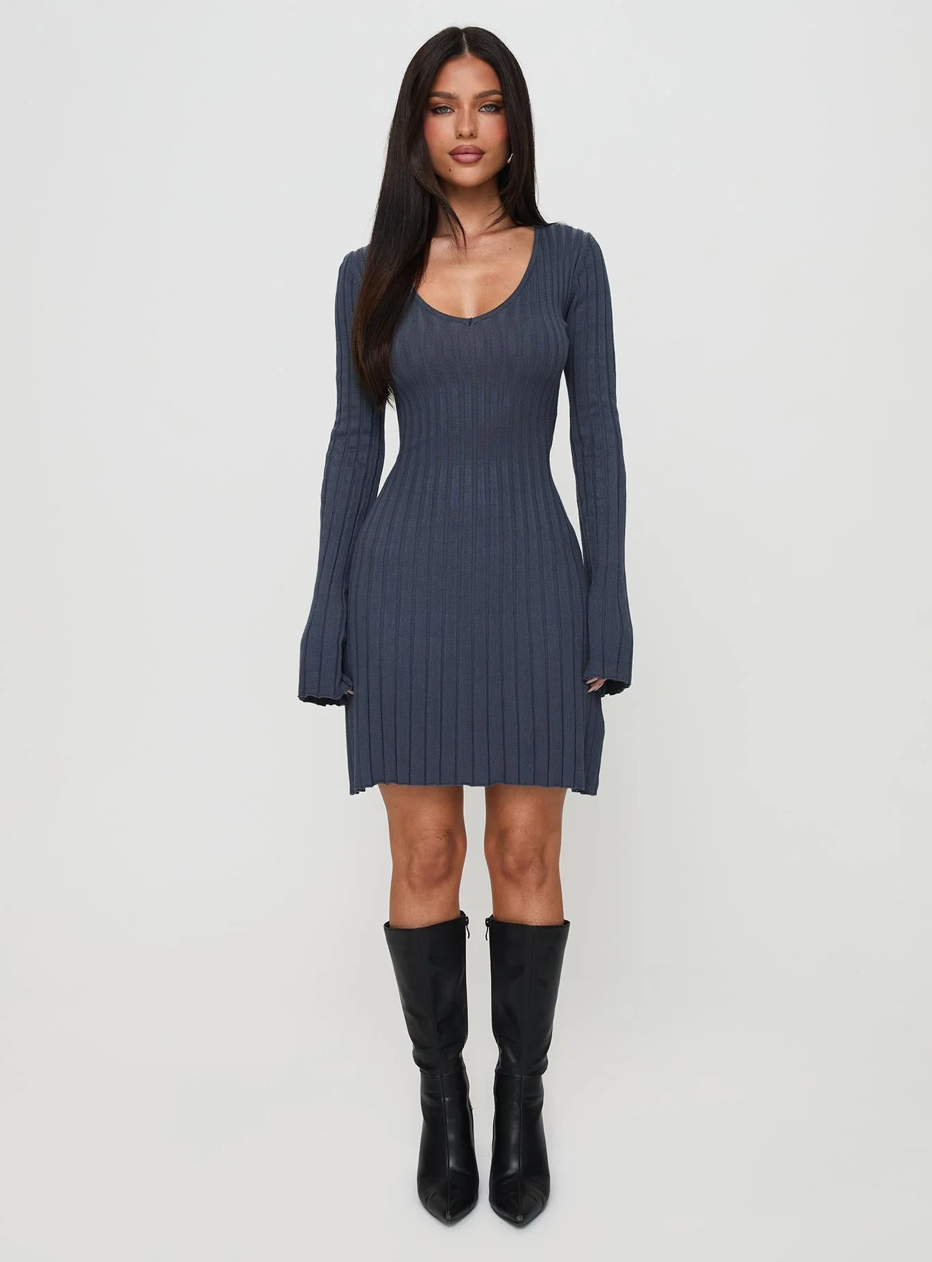 Liberte Ribbed Long Sleeve Mini Dress Charcoal - Image 6