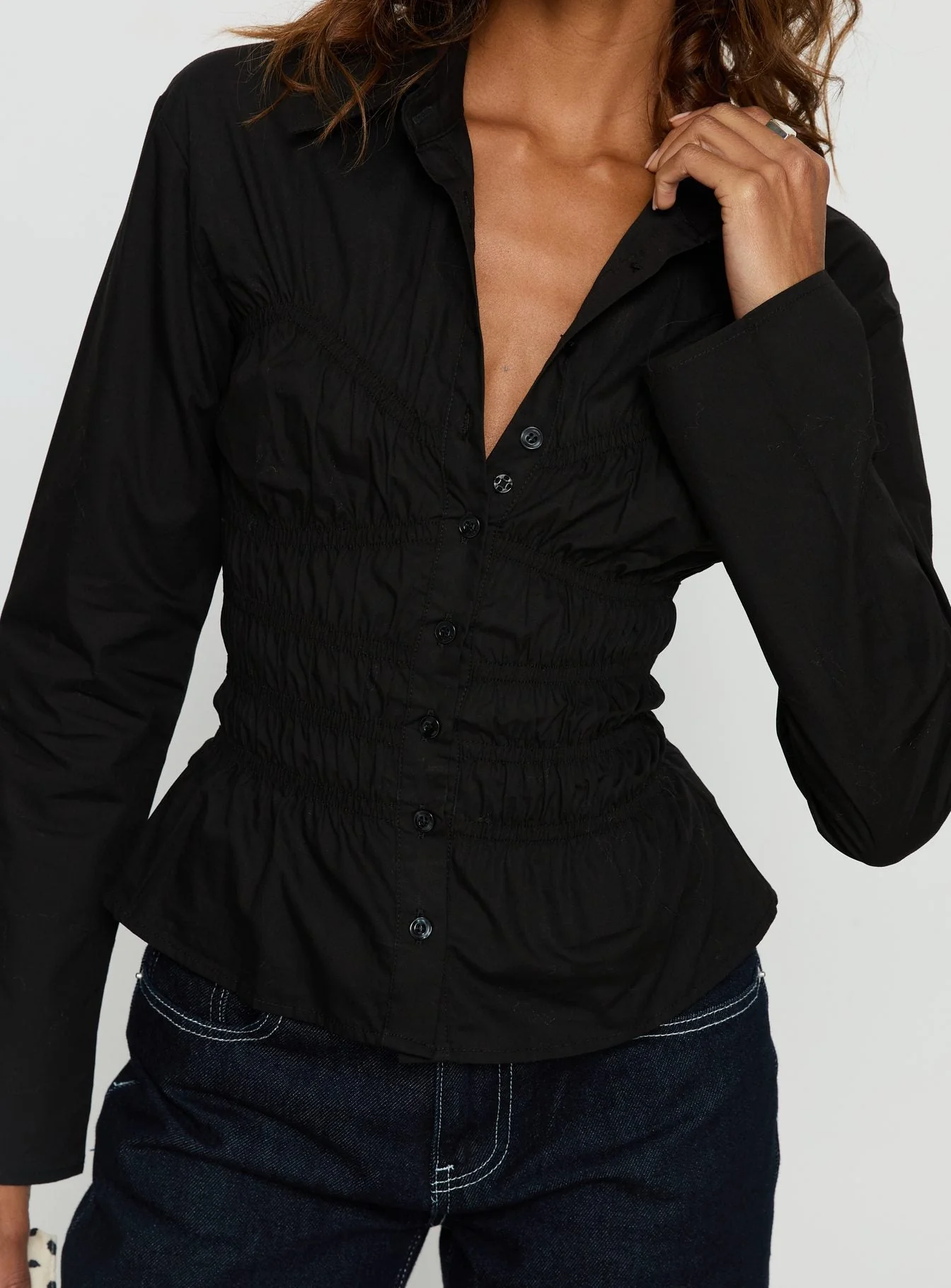 Liesel Shirred Long Sleeve Top Black - Image 6