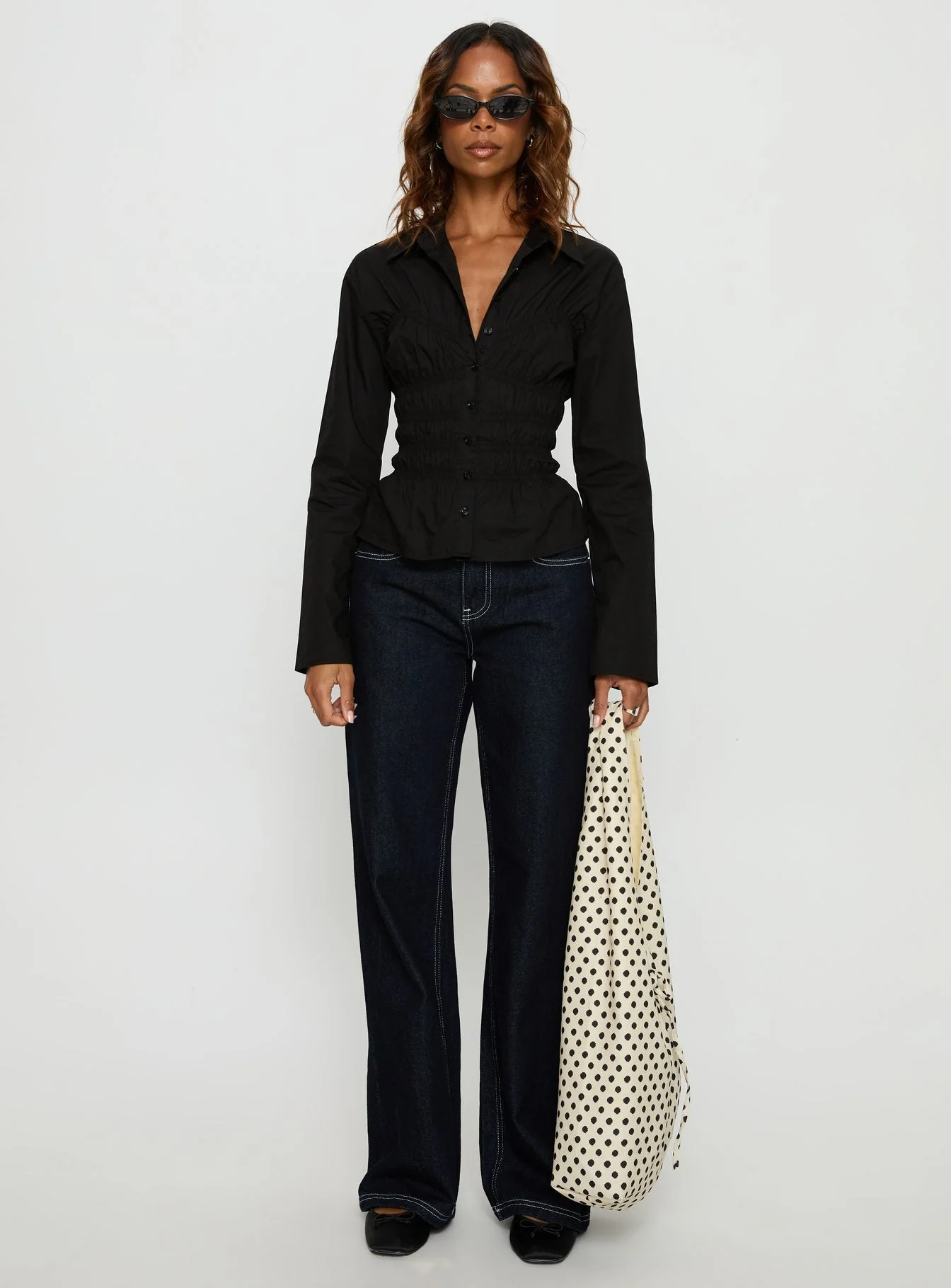 Liesel Shirred Long Sleeve Top Black - Image 7