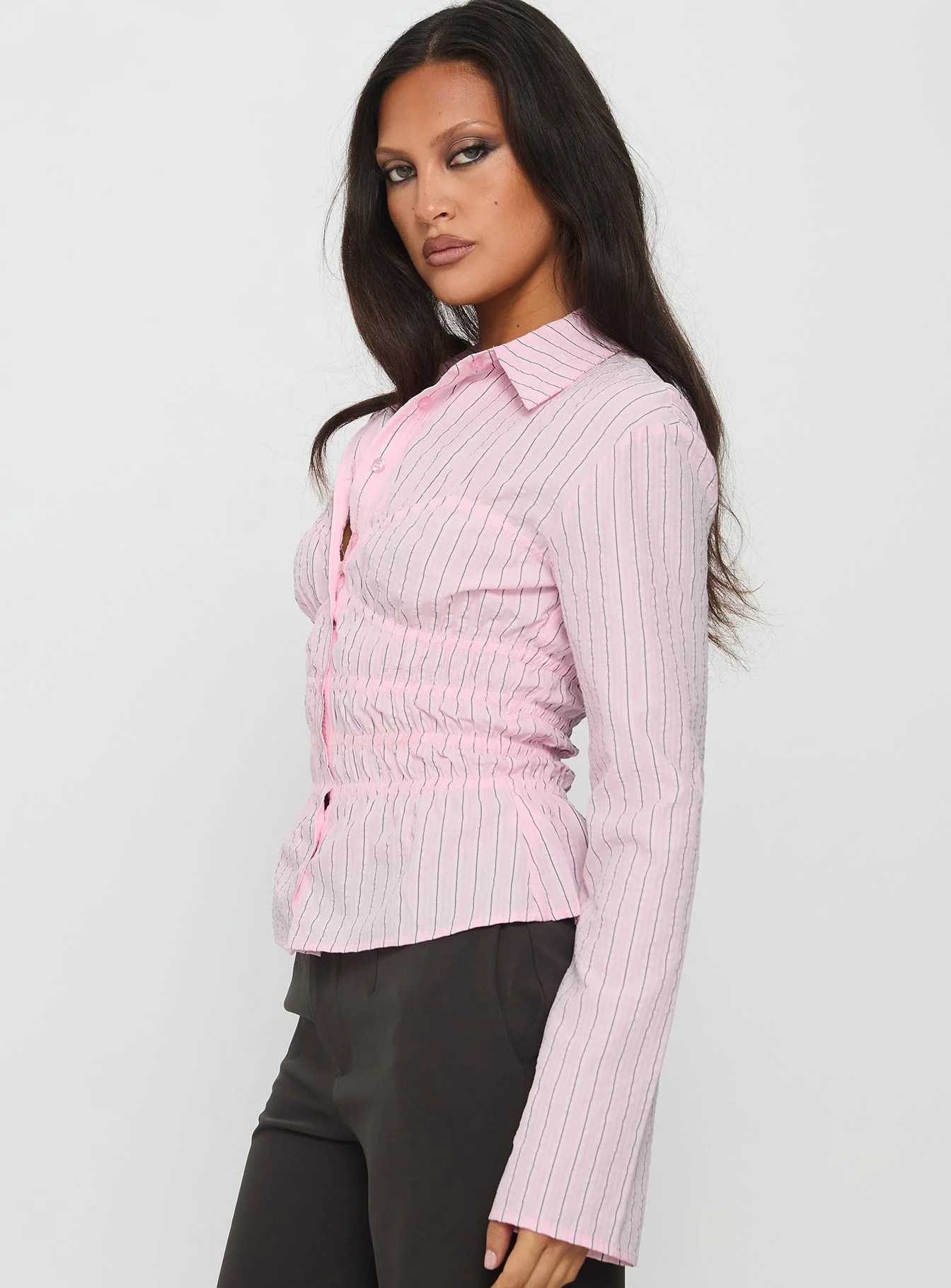 Liesel Shirred Long Sleeve Top Pink Stripe - Image 4