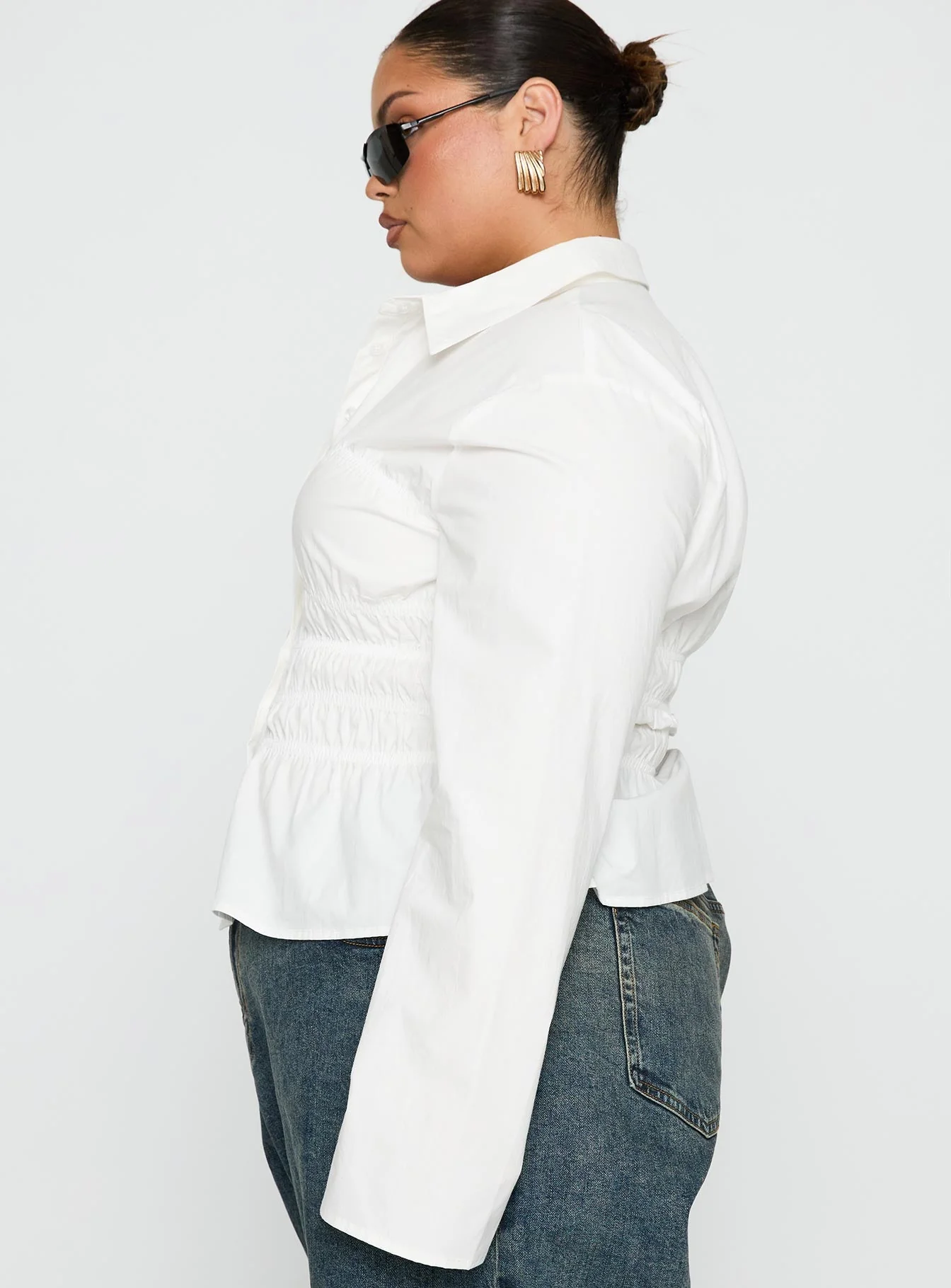 Liesel Shirred Long Sleeve Top White Curve - Image 4