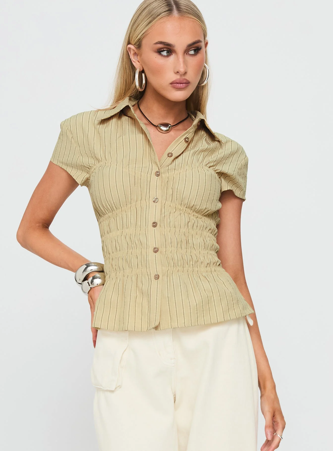 Liesel Shirred Short Sleeve Top Butter Stripe - Image 2