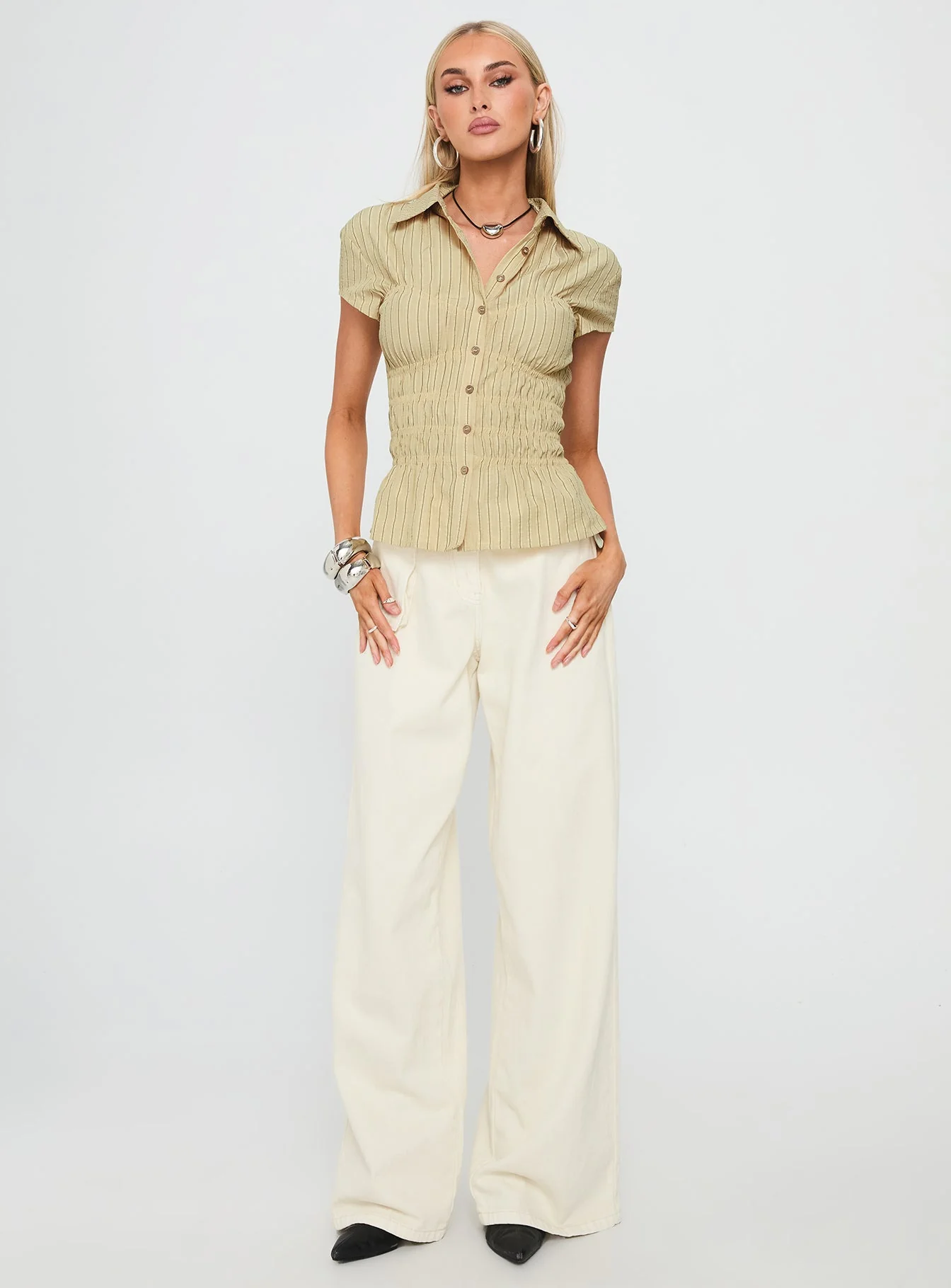 Liesel Shirred Short Sleeve Top Butter Stripe - Image 3