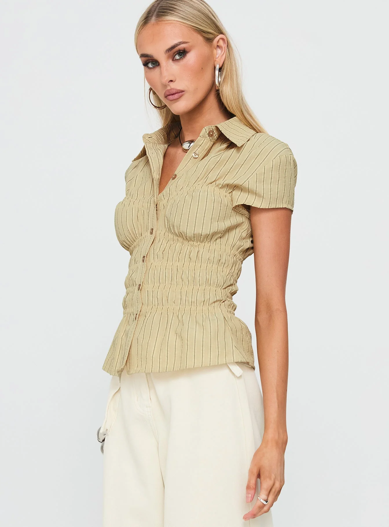 Liesel Shirred Short Sleeve Top Butter Stripe - Image 4