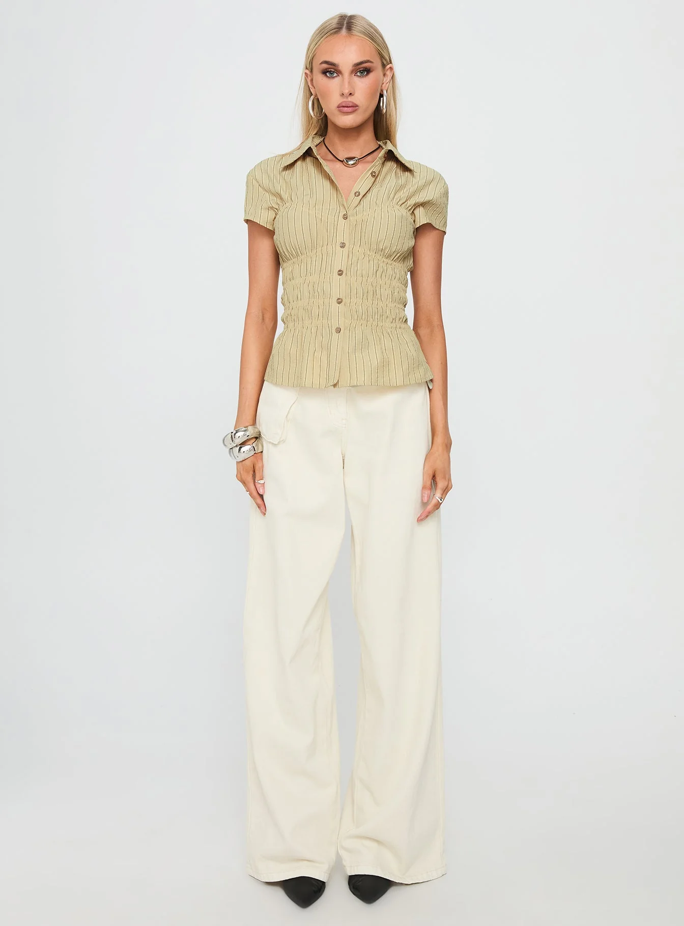 Liesel Shirred Short Sleeve Top Butter Stripe - Image 7