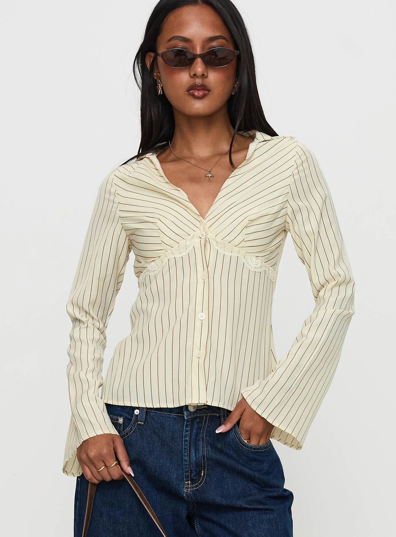 Life Begins Long Sleeve Lace Trim Top Cream Stripe - Image 2