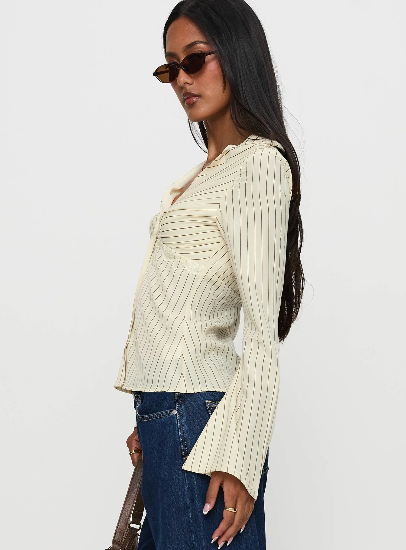 Life Begins Long Sleeve Lace Trim Top Cream Stripe - Image 4