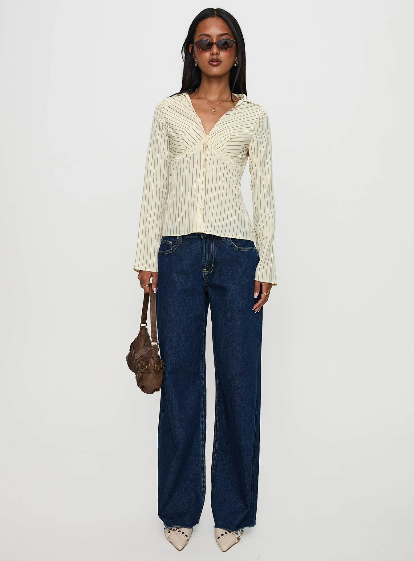 Life Begins Long Sleeve Lace Trim Top Cream Stripe - Image 7