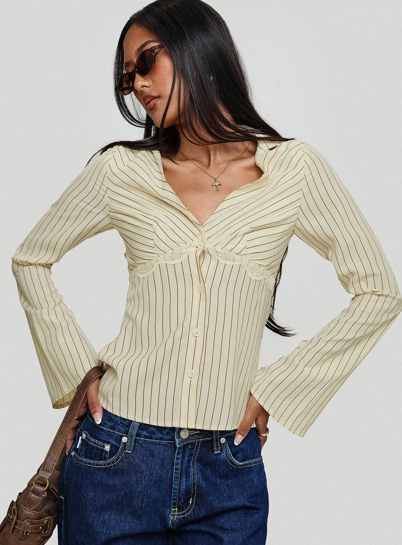 Life Begins Long Sleeve Lace Trim Top Cream Stripe - Image 8