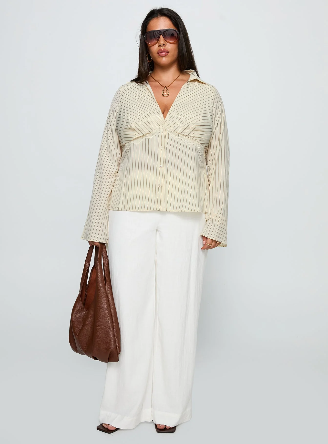 Life Begins Long Sleeve Lace Trim Top Cream Stripe Curve - Image 7