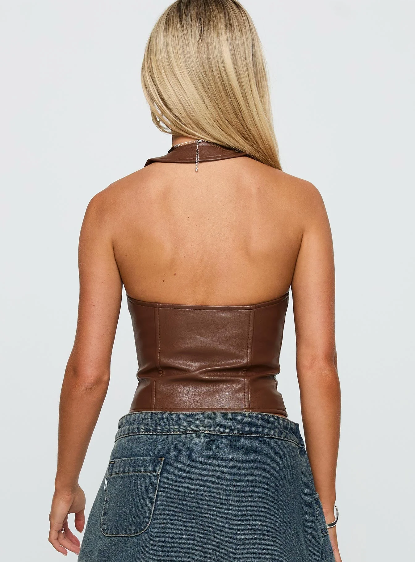 Light On Tie Up Faux Leather Top Chocolate - Image 5